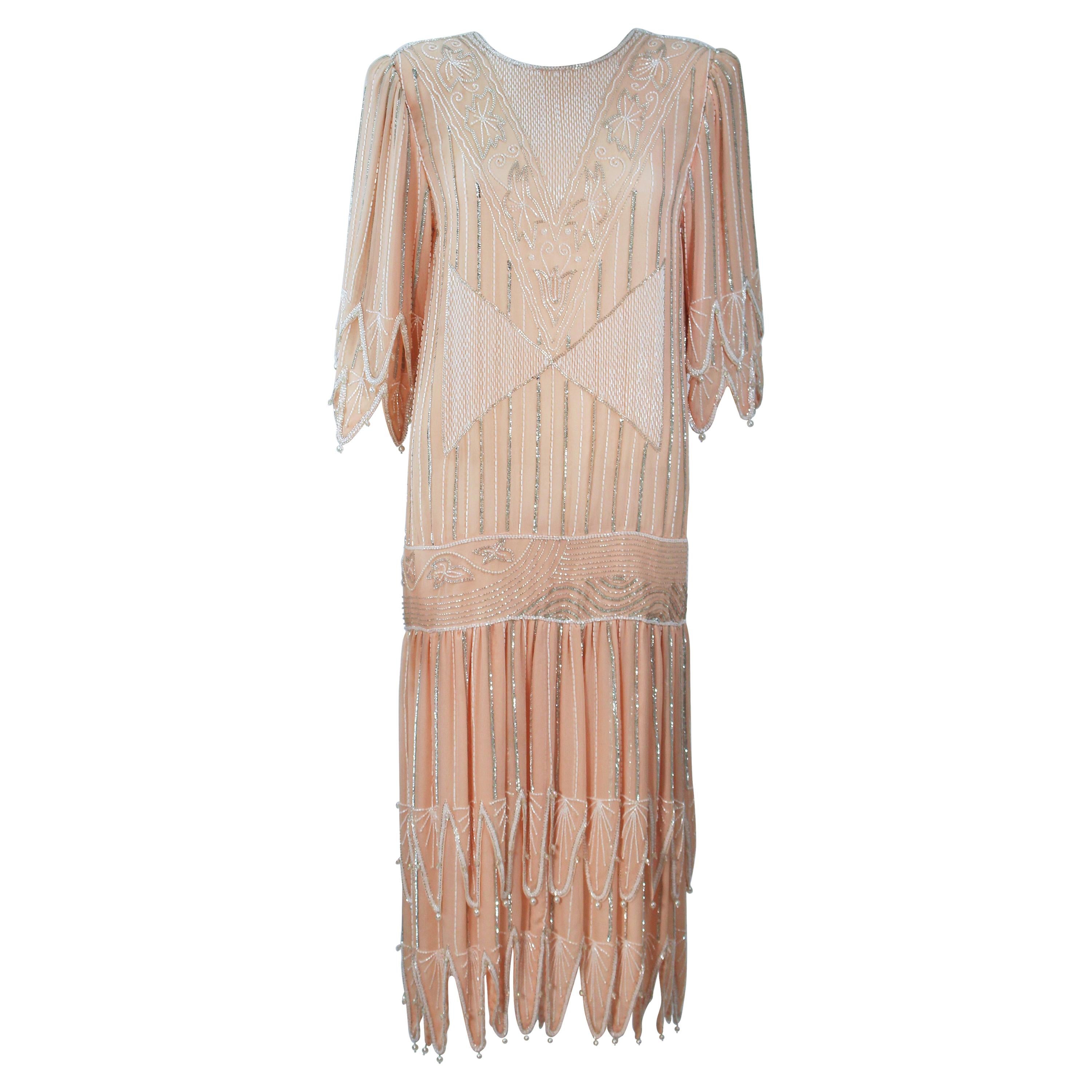 Judith Ann Creations 1920s Style Silk Peach Beaded Flapper Dress