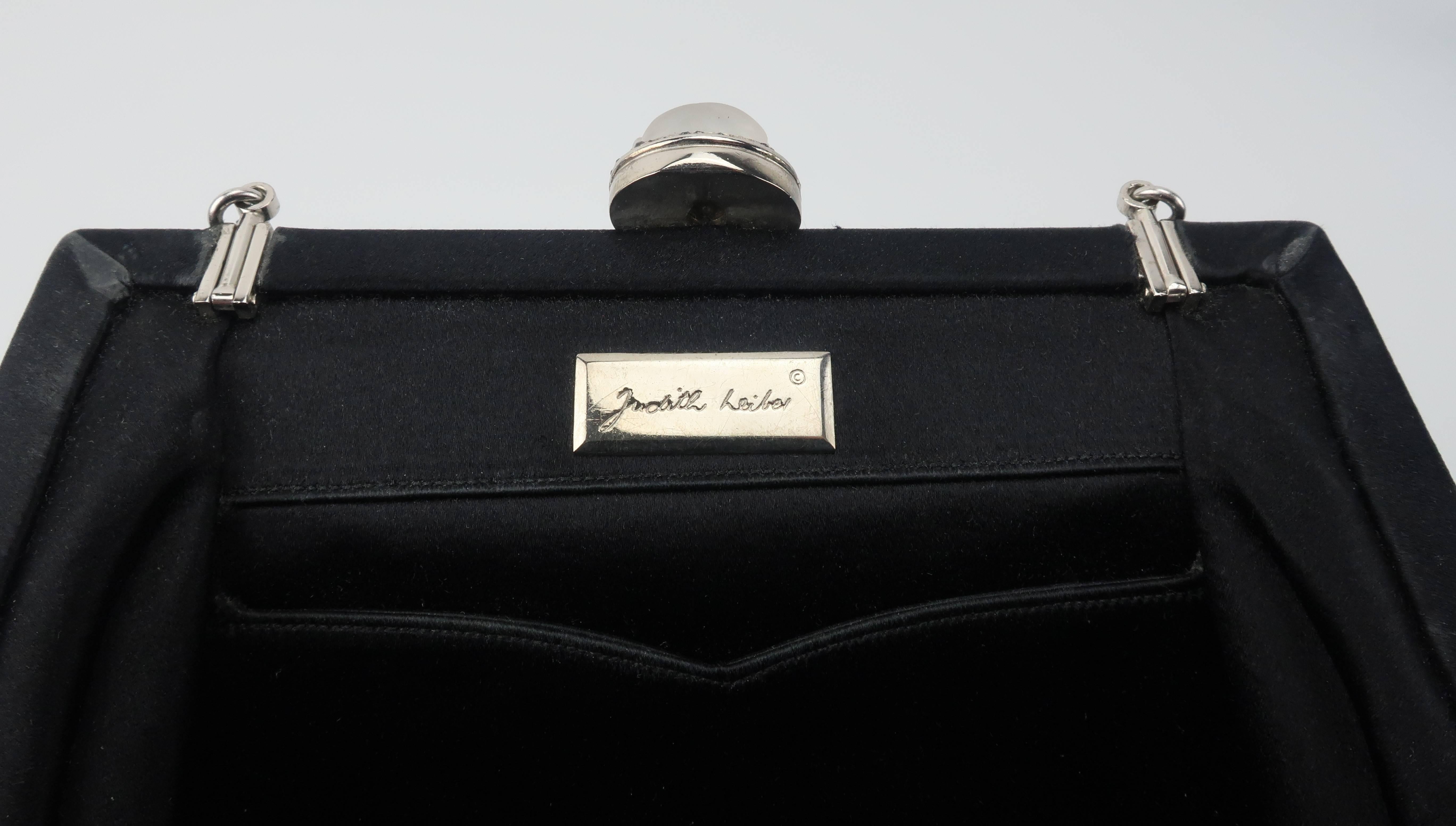 1980's Judith Leiber Art Deco Style Black Satin Evening Handbag 6