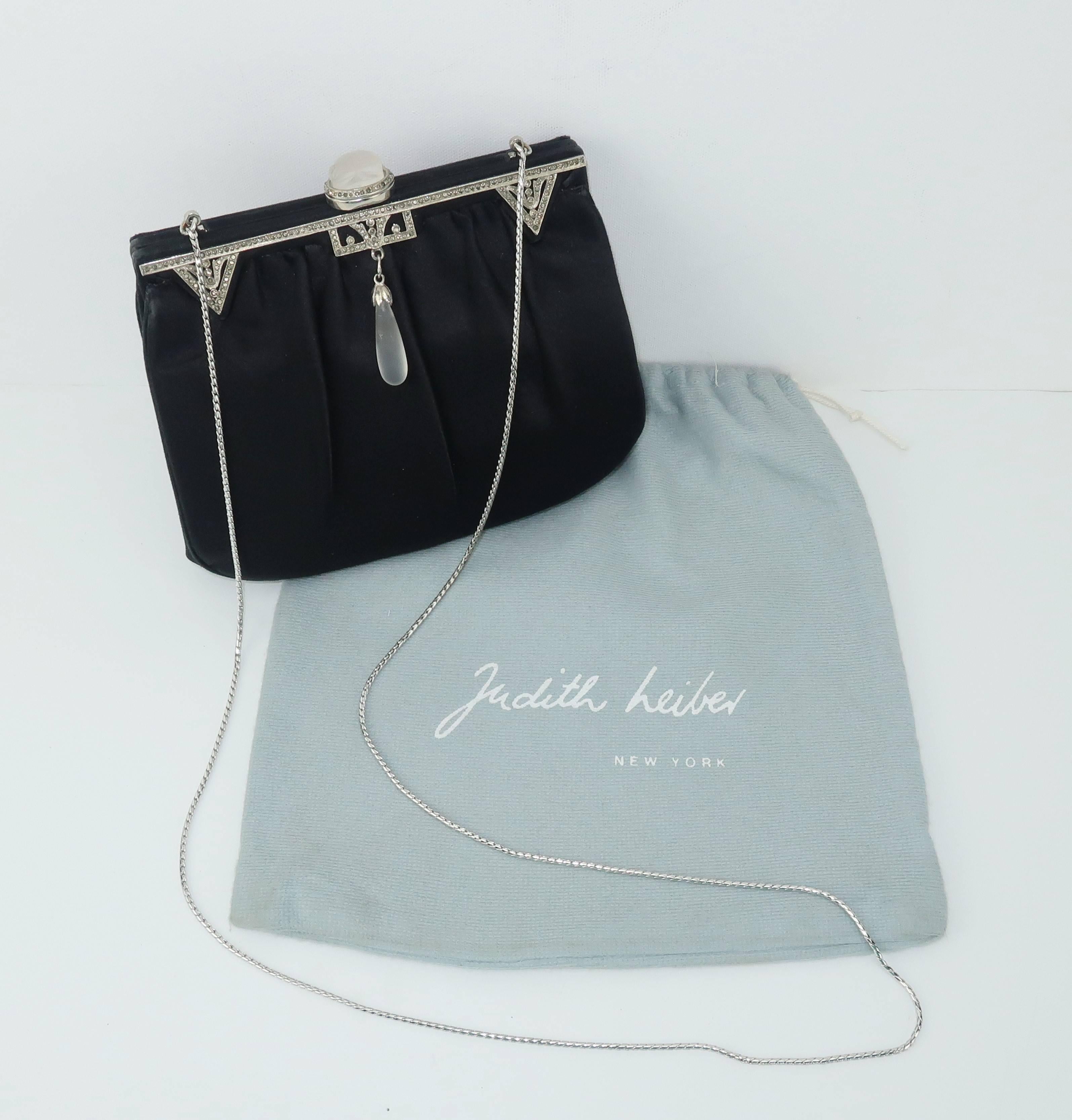 1980's Judith Leiber Art Deco Style Black Satin Evening Handbag 8