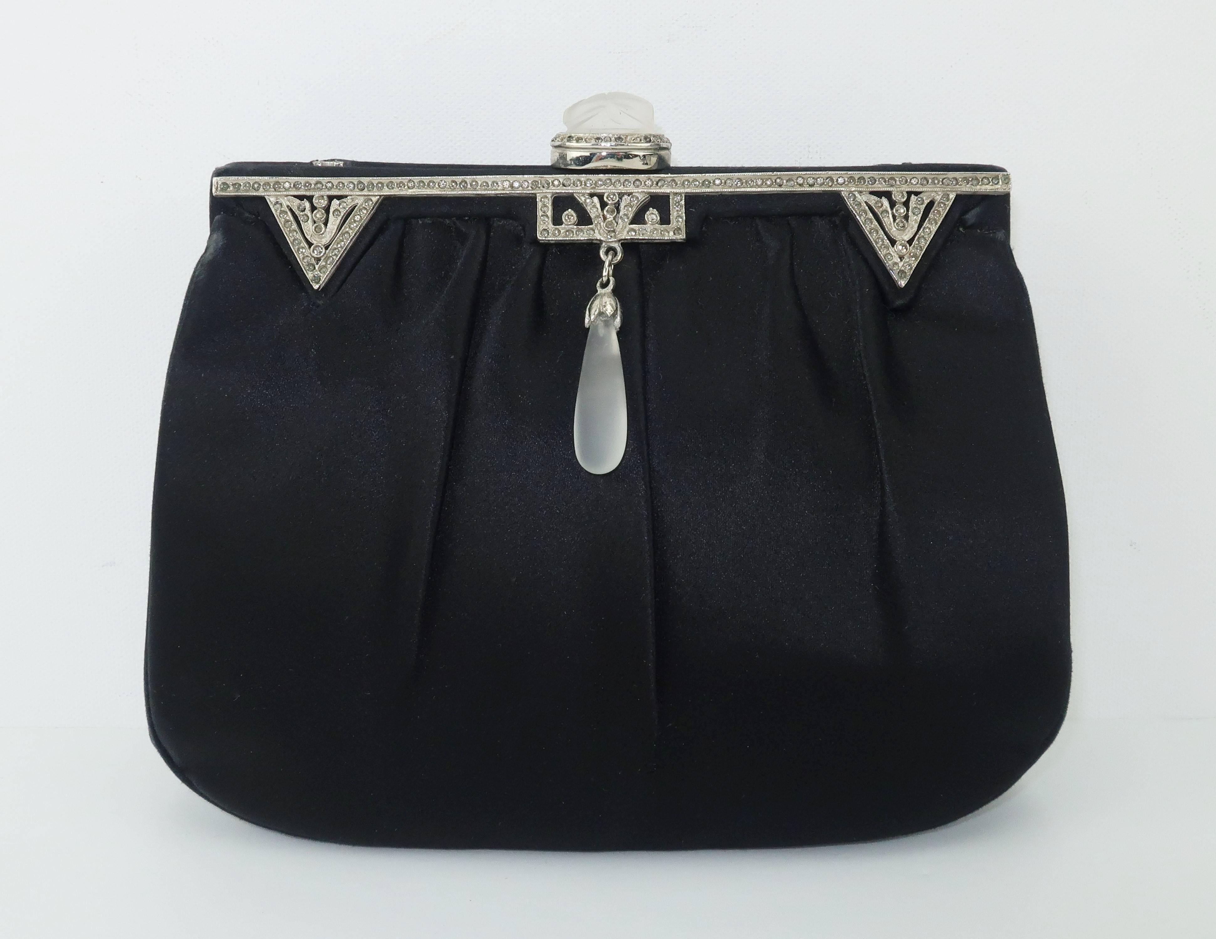 1980's Judith Leiber Art Deco Style Black Satin Evening Handbag In Fair Condition In Atlanta, GA