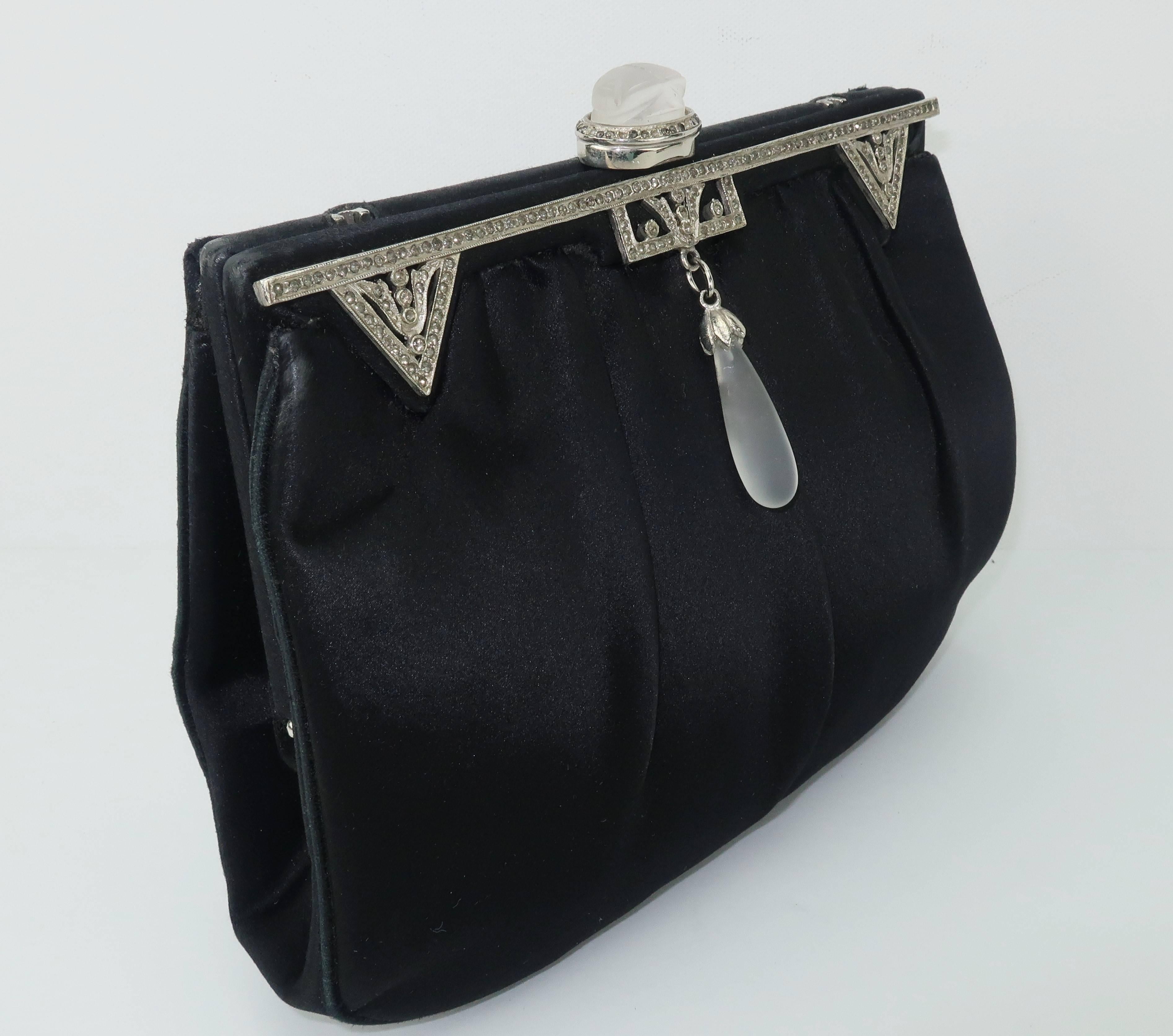 1980's Judith Leiber Art Deco Style Black Satin Evening Handbag 2
