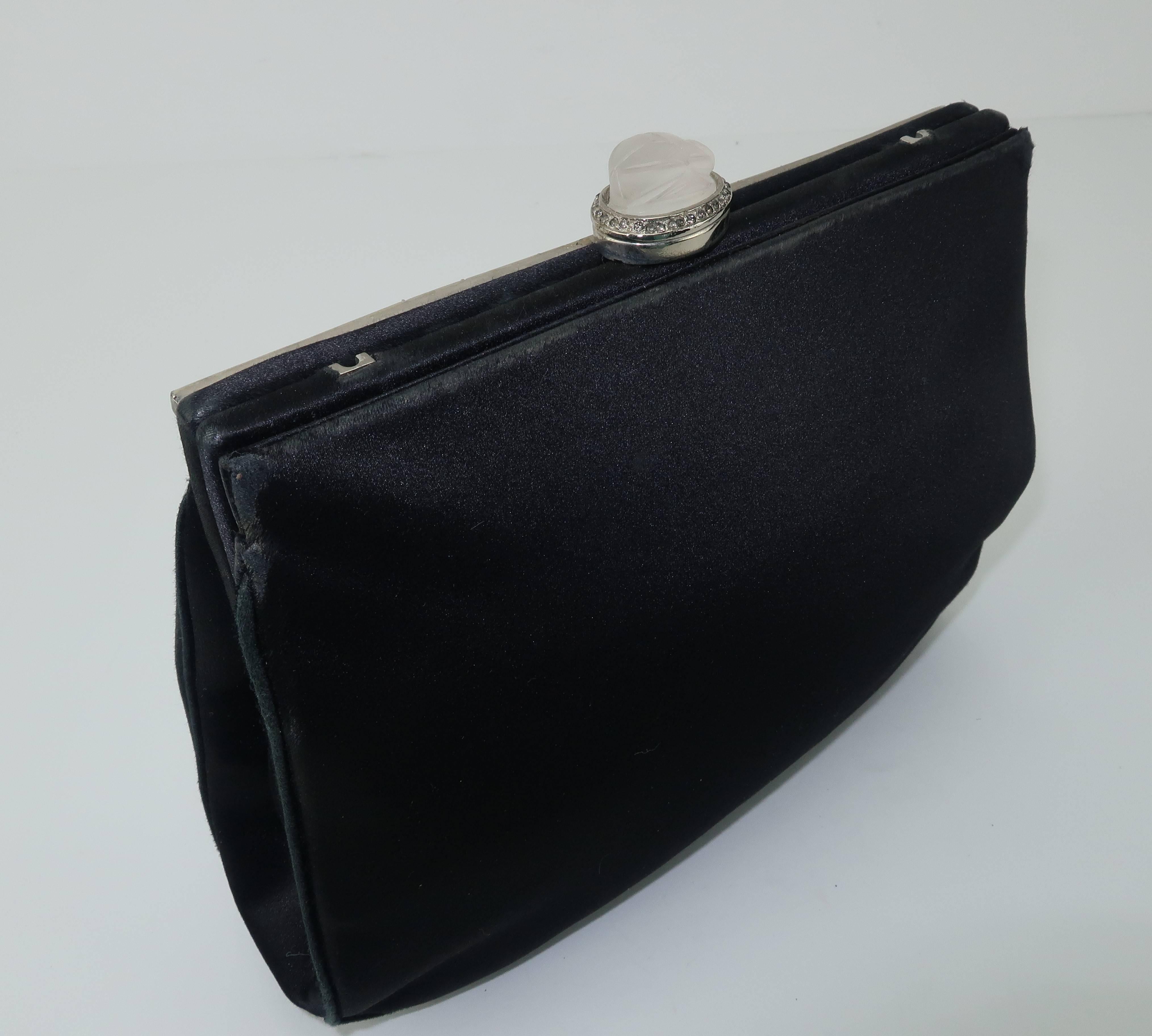1980's Judith Leiber Art Deco Style Black Satin Evening Handbag 4