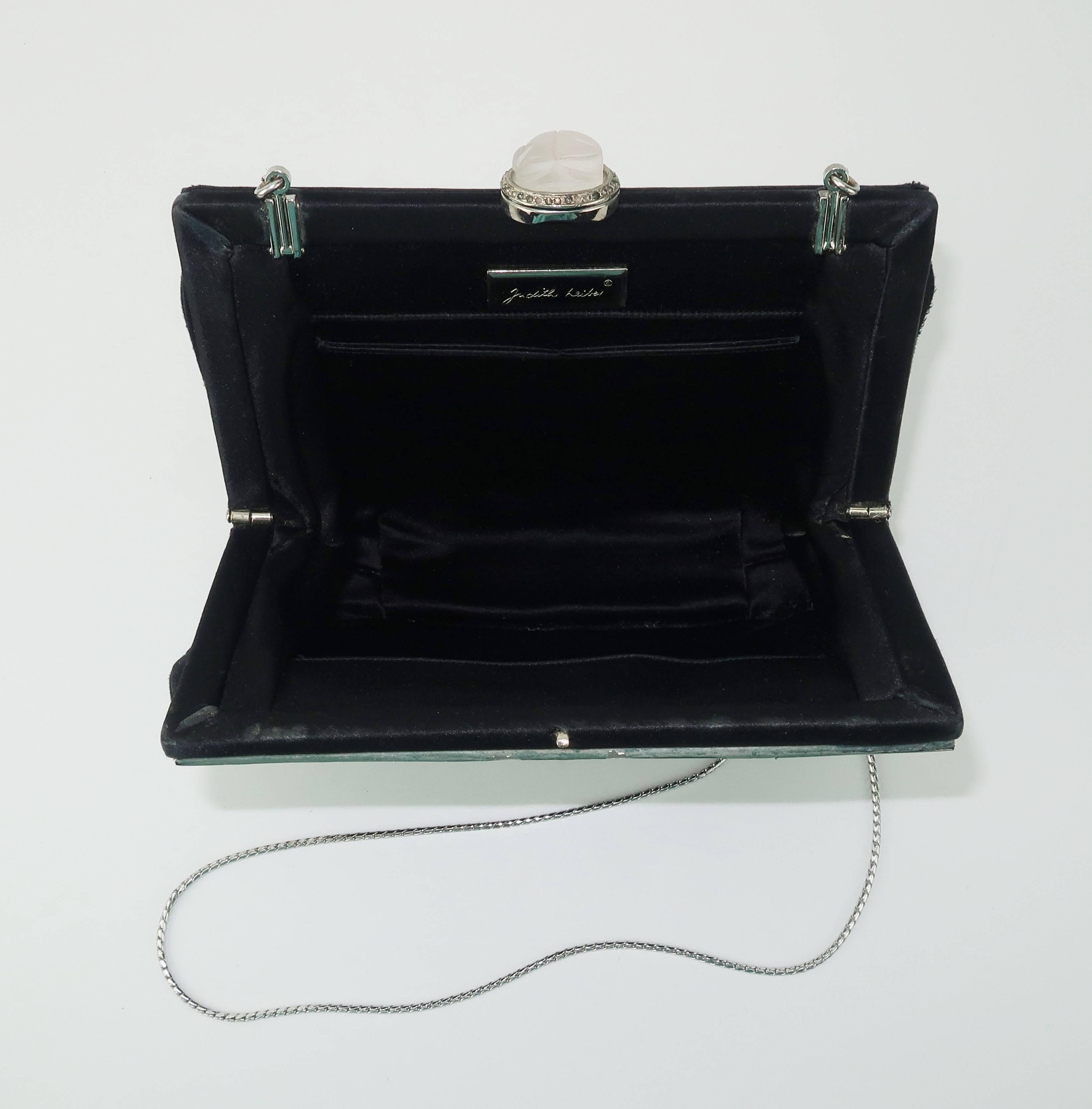 1980's Judith Leiber Art Deco Style Black Satin Evening Handbag 5