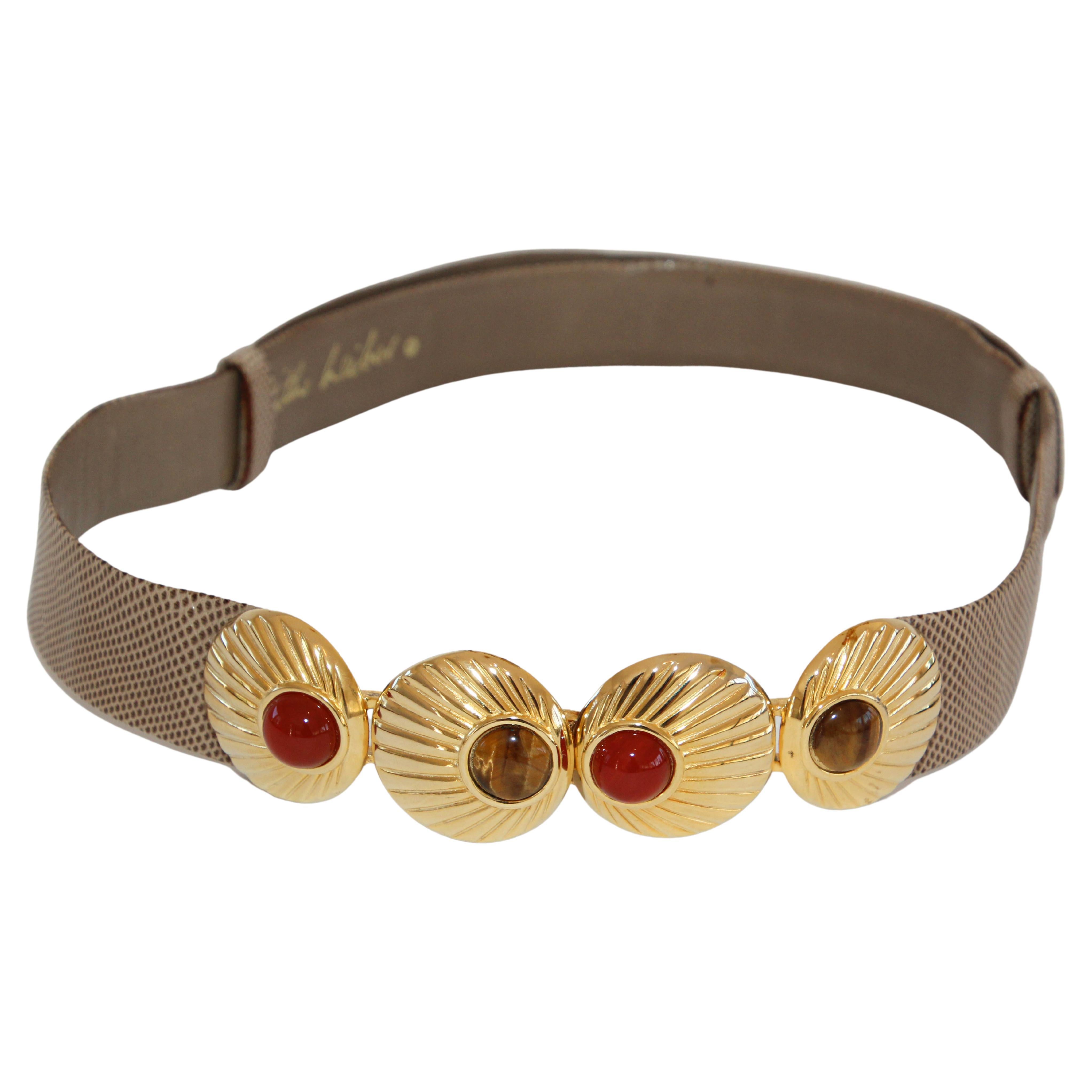 1980s Judith Leiber Beige and Gold Belt with Semi Precious Stones For Sale