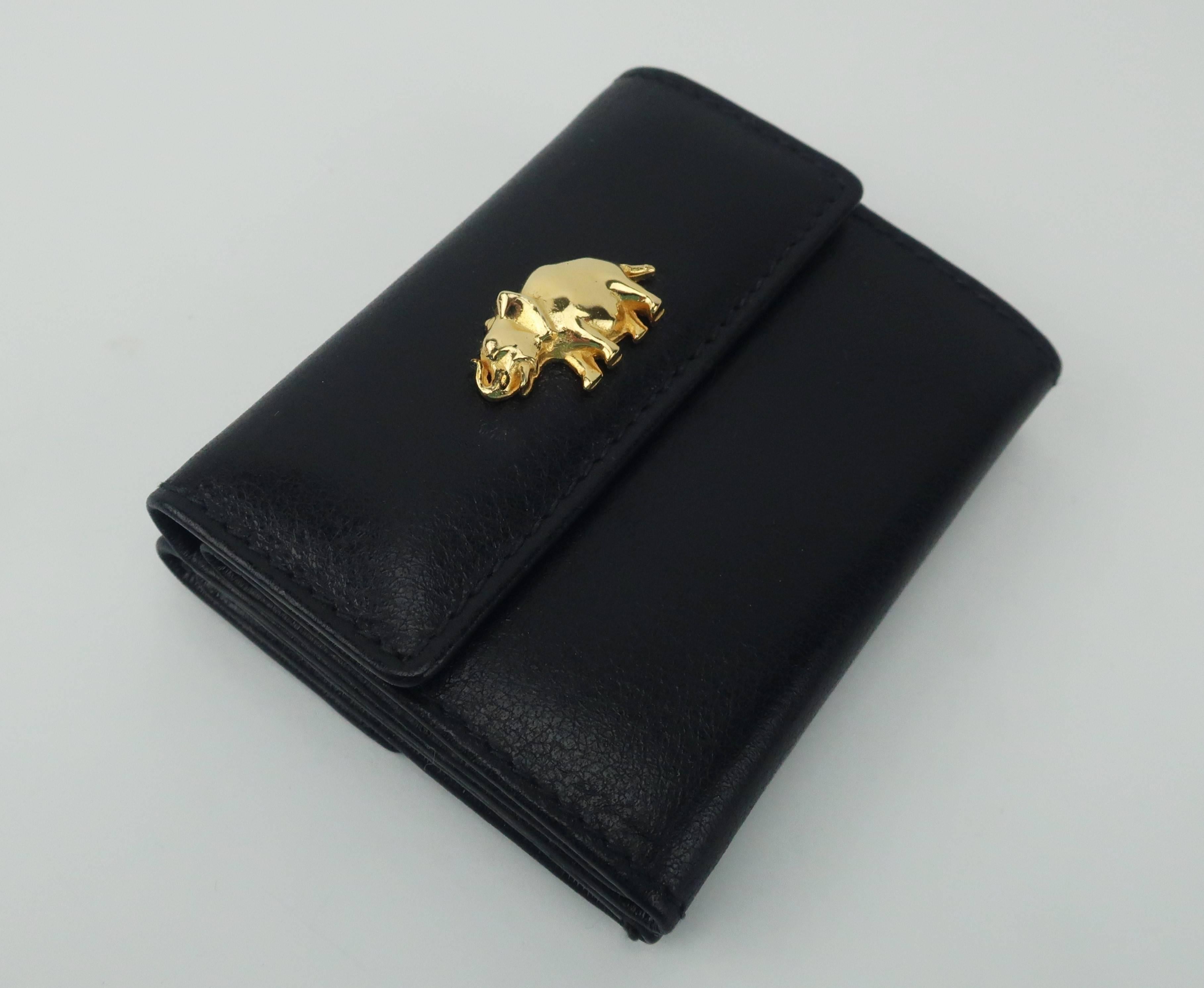1980's Judith Leiber Black Leather Wallet With Elephant Charm In Good Condition In Atlanta, GA