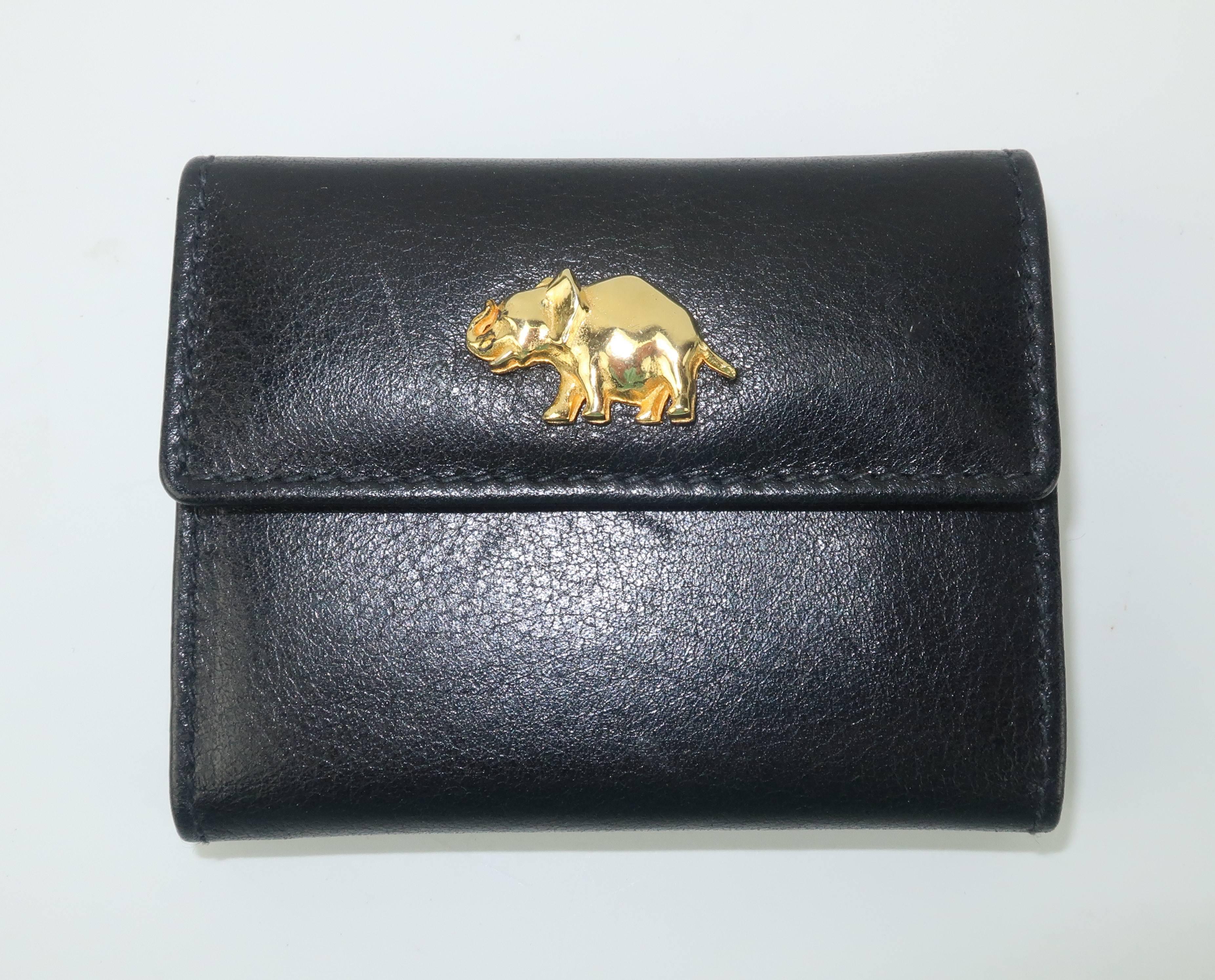 Women's 1980's Judith Leiber Black Leather Wallet With Elephant Charm