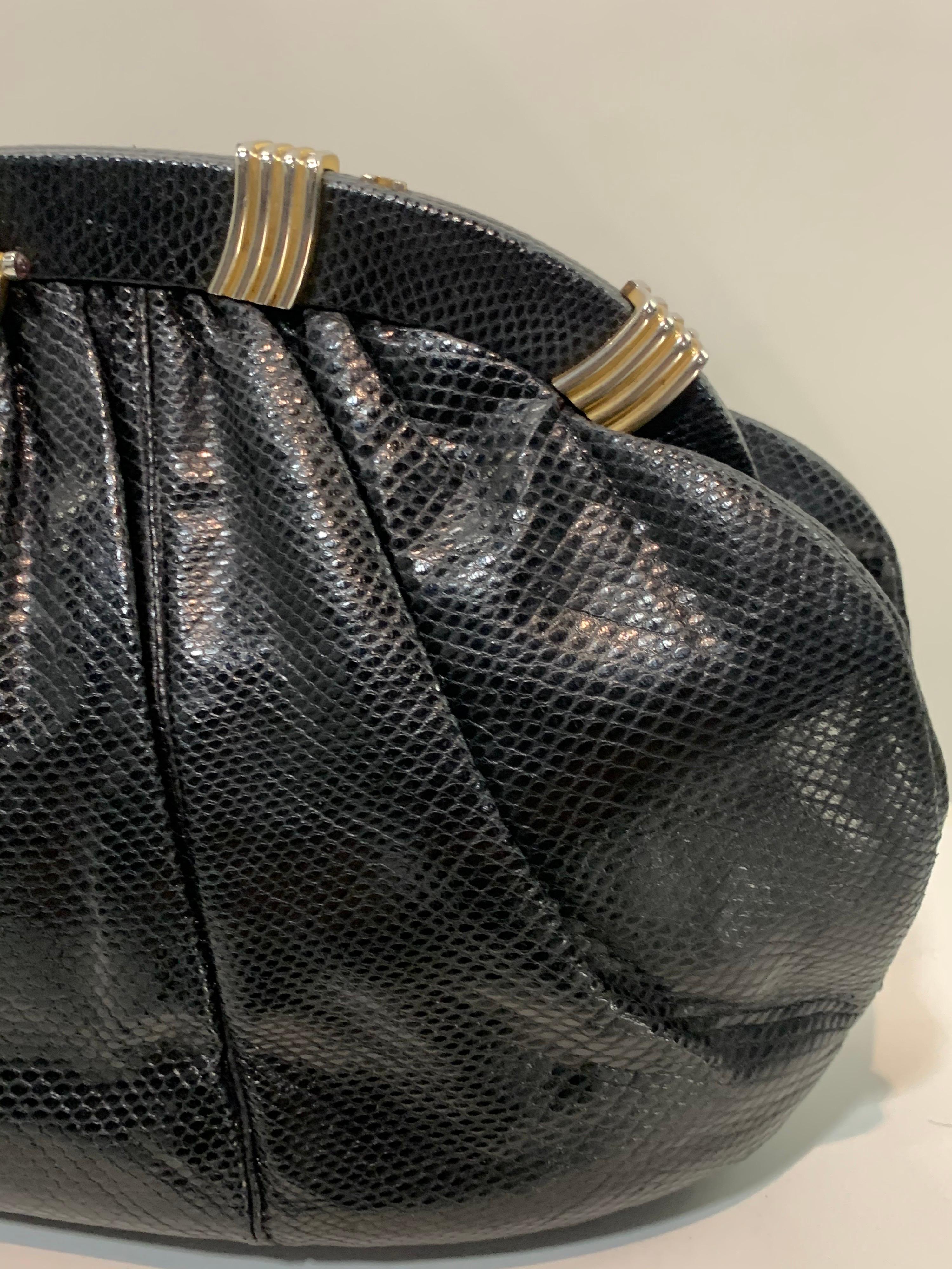 Women's 1980s Judith Leiber Black Lizard Convertible Clutch Handbag w/ Obsidian Cameo For Sale