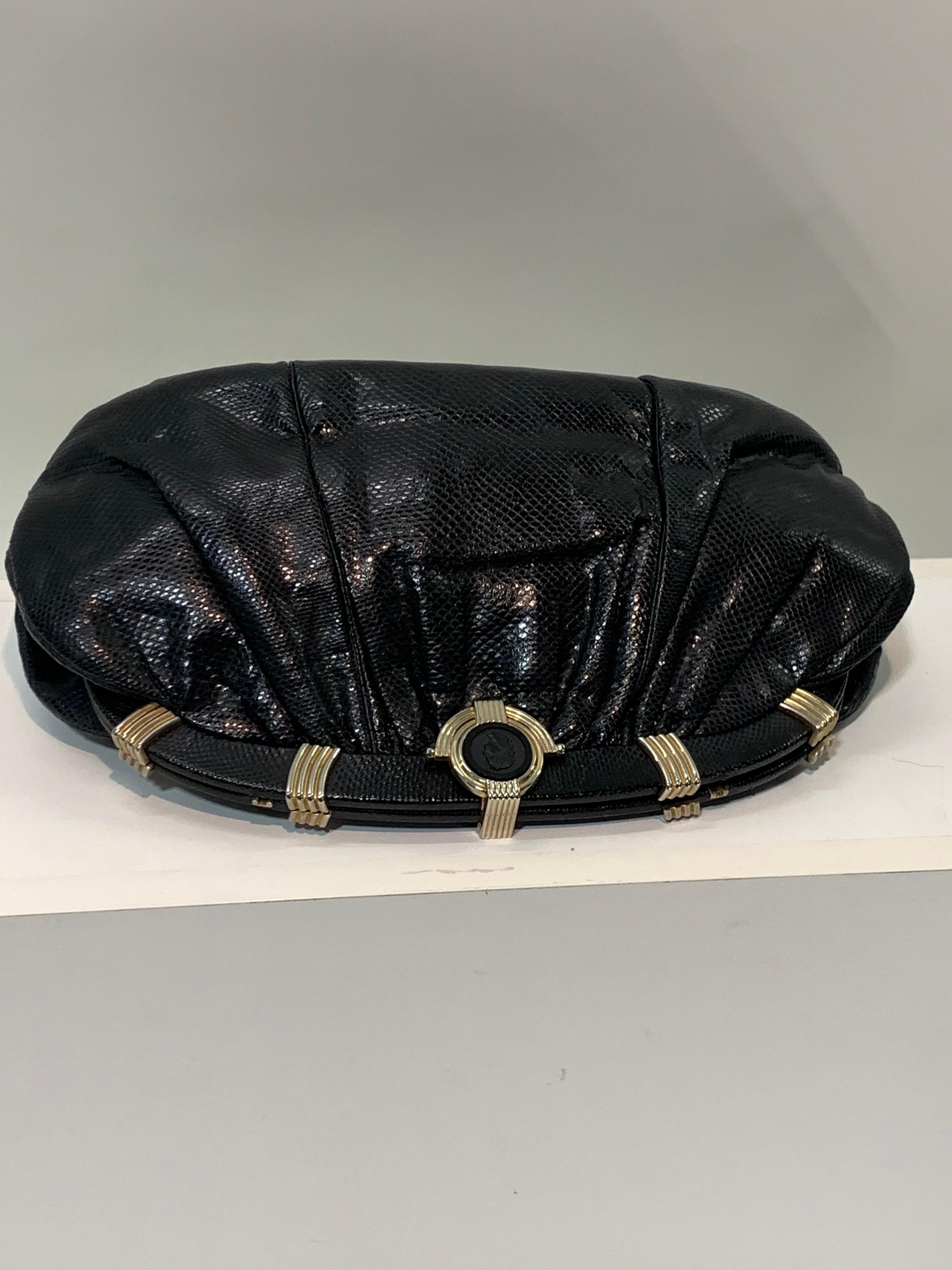 1980s Judith Leiber Black Lizard Convertible Clutch Handbag w/ Obsidian Cameo For Sale 1