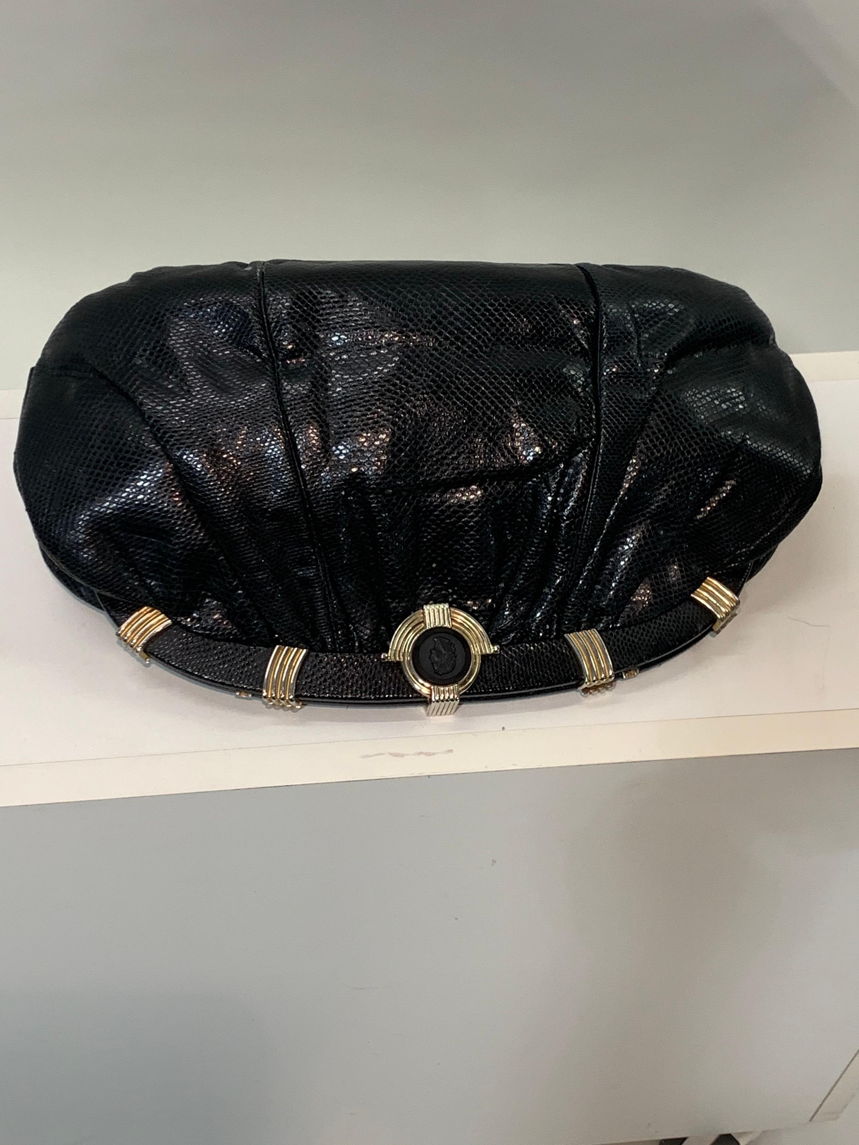 1980s Judith Leiber Black Lizard Convertible Clutch Handbag w/ Obsidian Cameo For Sale 2