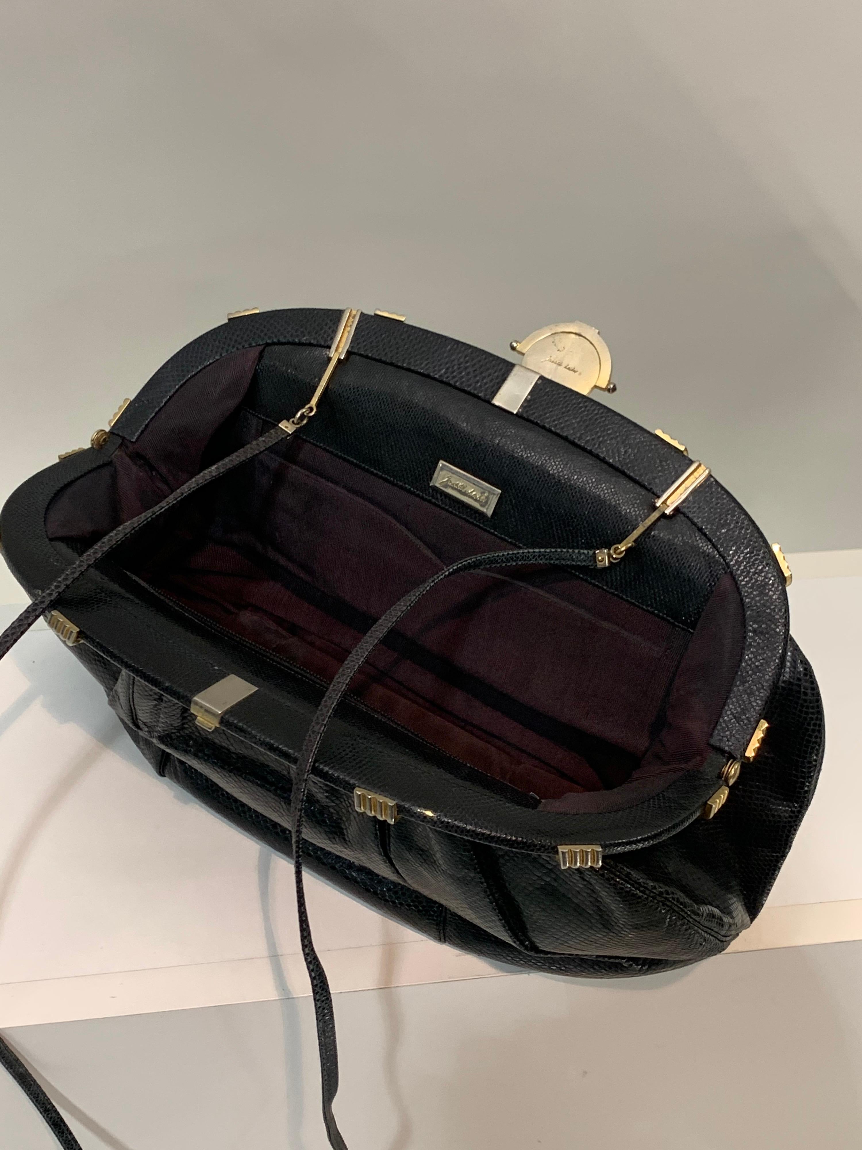 1980s Judith Leiber Black Lizard Convertible Clutch Handbag w/ Obsidian Cameo For Sale 4