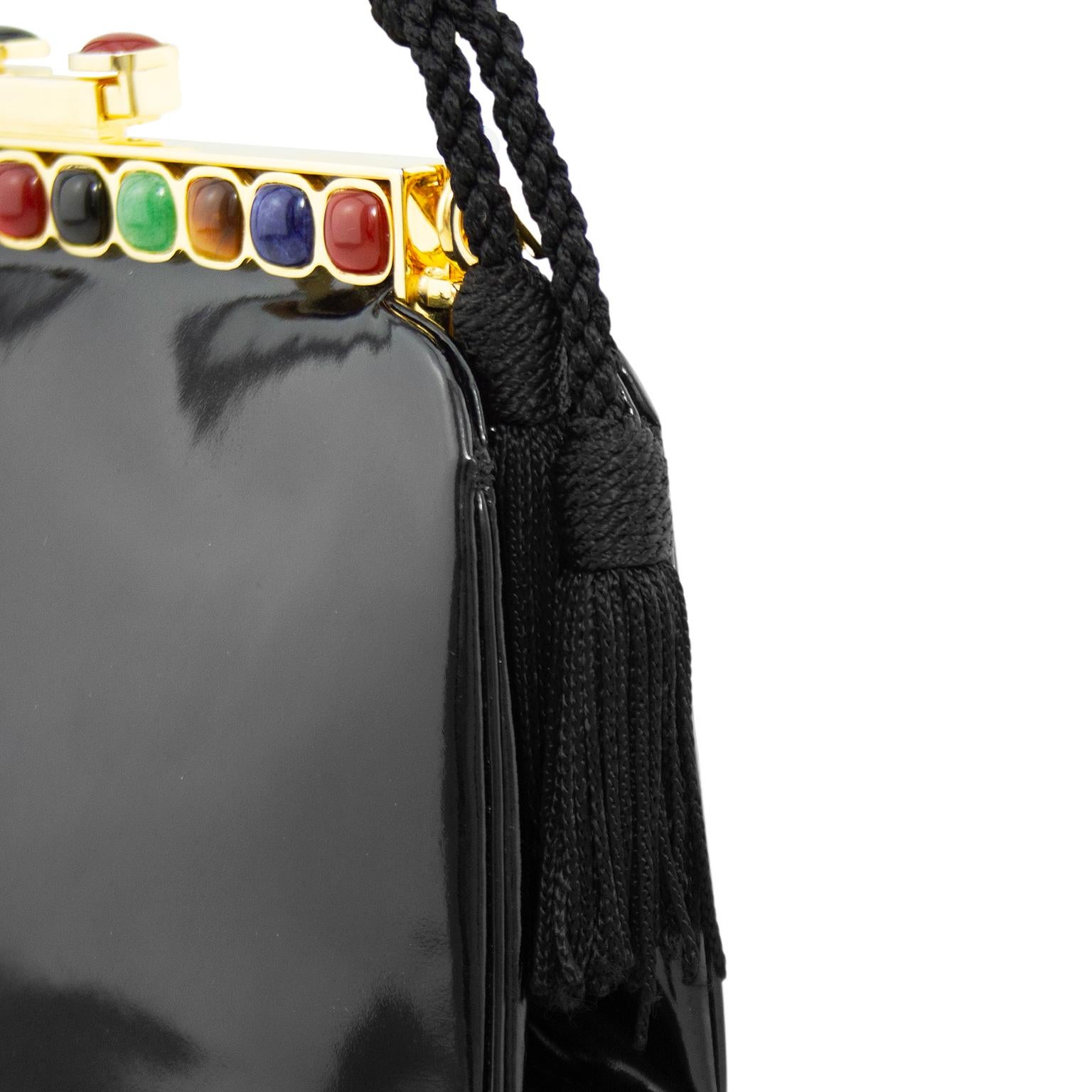 1980s Judith Leiber Black Patent Leather Bag with Colourful Cabochons 1