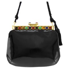 1980s Judith Leiber Black Patent Leather Bag with Colourful Cabochons
