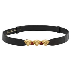 1980s Judith Leiber Black Patterned Leather Belt with Monkey Buckle