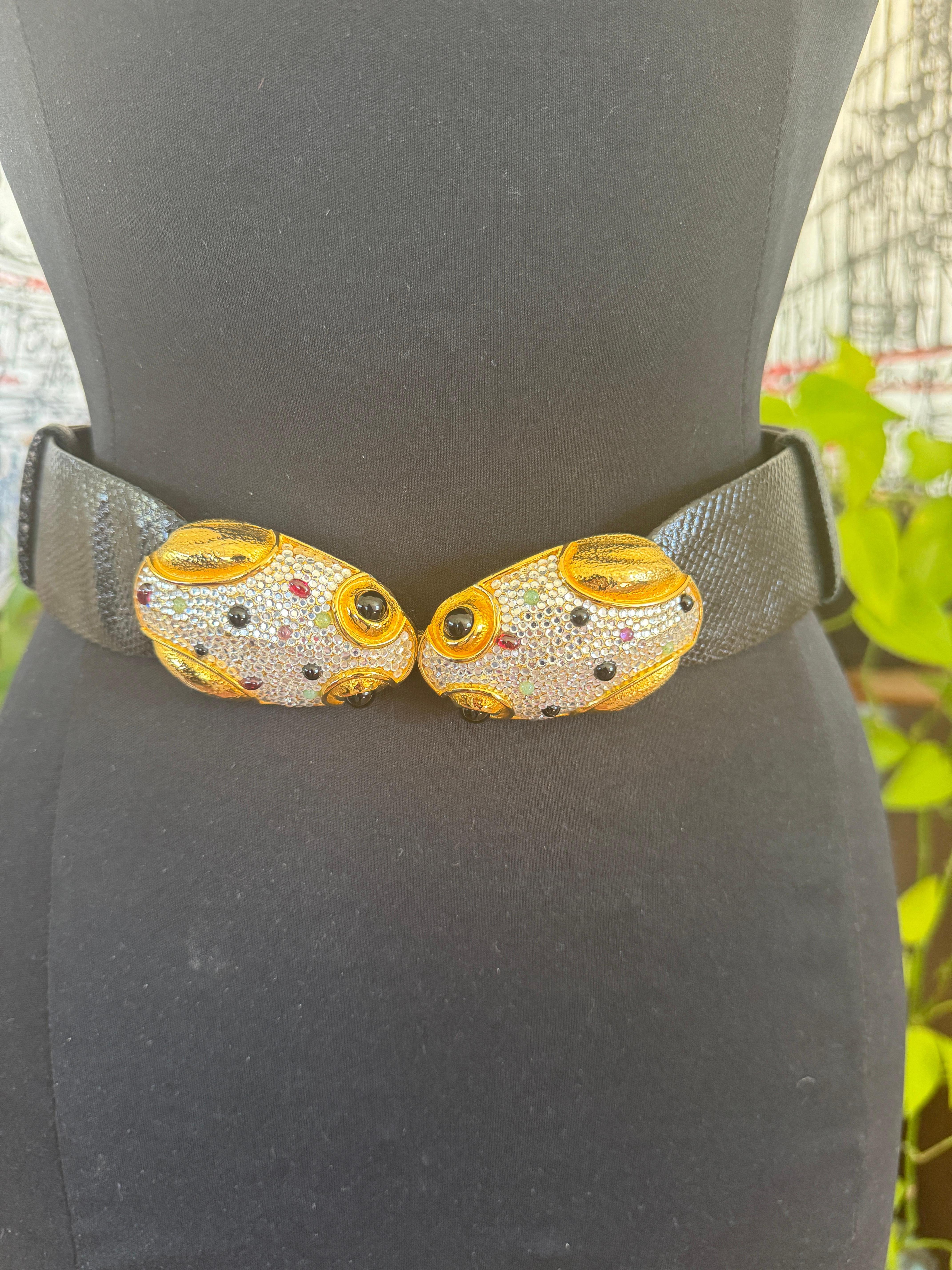 Black Judith Leiber Belt Encrusted Double Frog Expandable 1980s For Sale