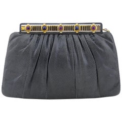1980s Judith Leiber Grey Patterned Leather Clutch with Art Deco Details