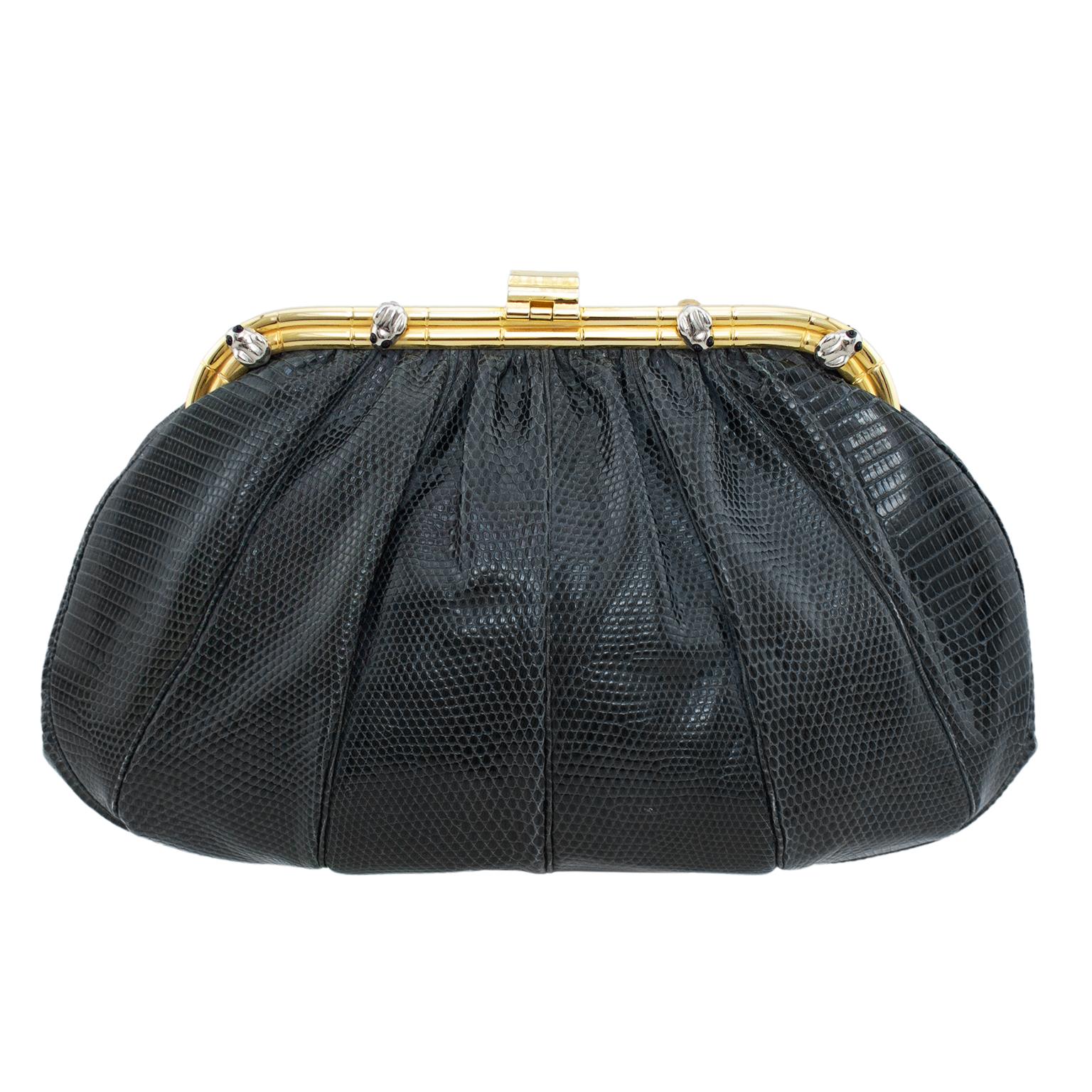 Black 1980s Judith Leiber Grey Reptile Effect Clutch with Frogs 