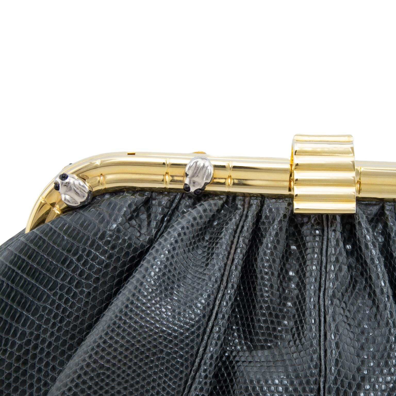 Women's 1980s Judith Leiber Grey Reptile Effect Clutch with Frogs
