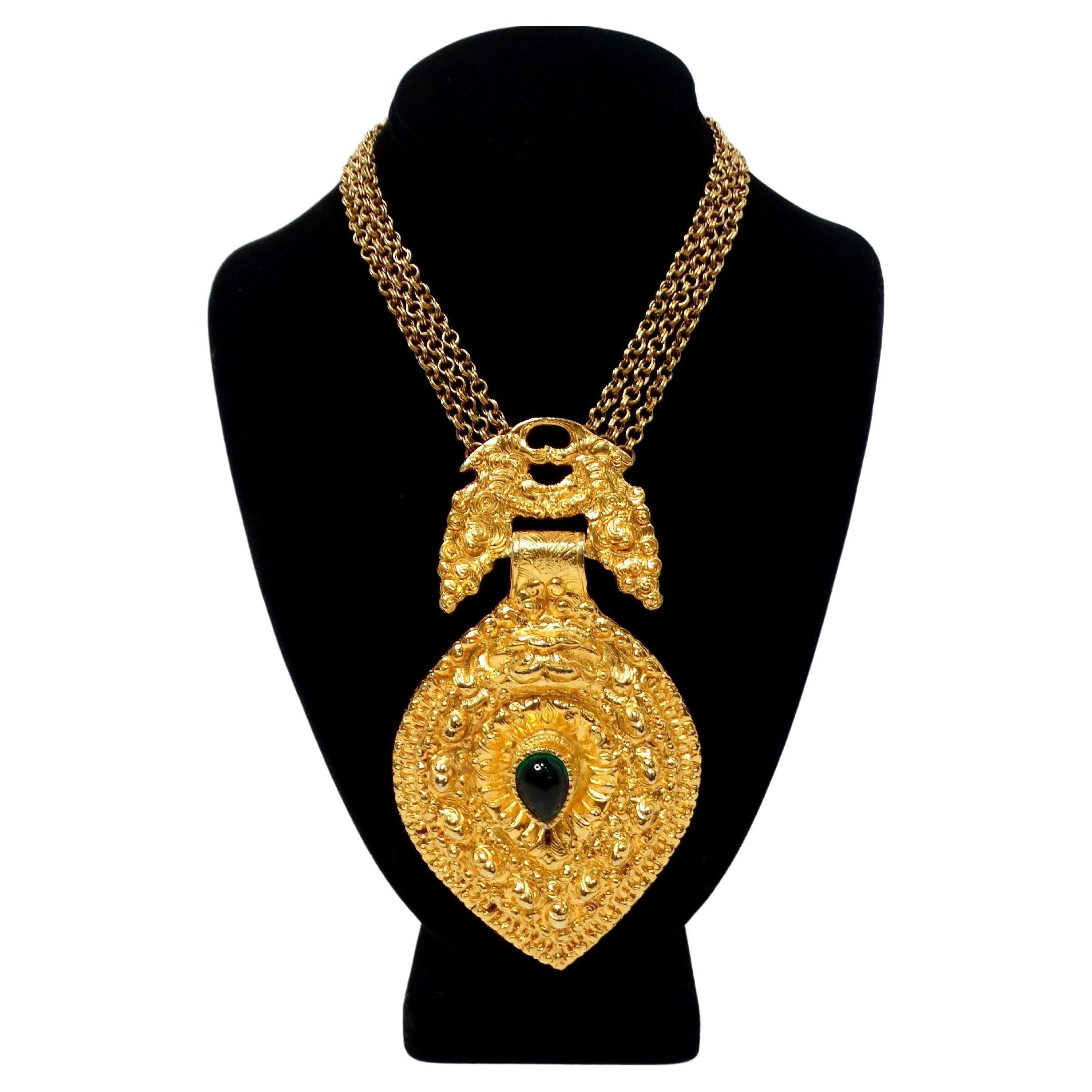 1980s Judith Leiber Large Egyptian Style Gold-Tone Pendent Necklace For Sale