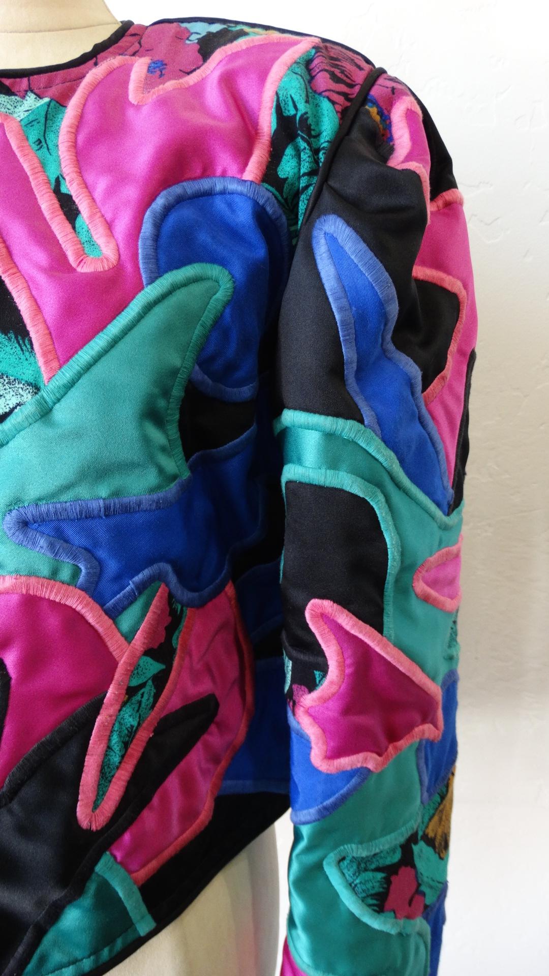 Women's  Judith Roberts 1980s Tropical Abstract Appliqué Patchwork Jacket 