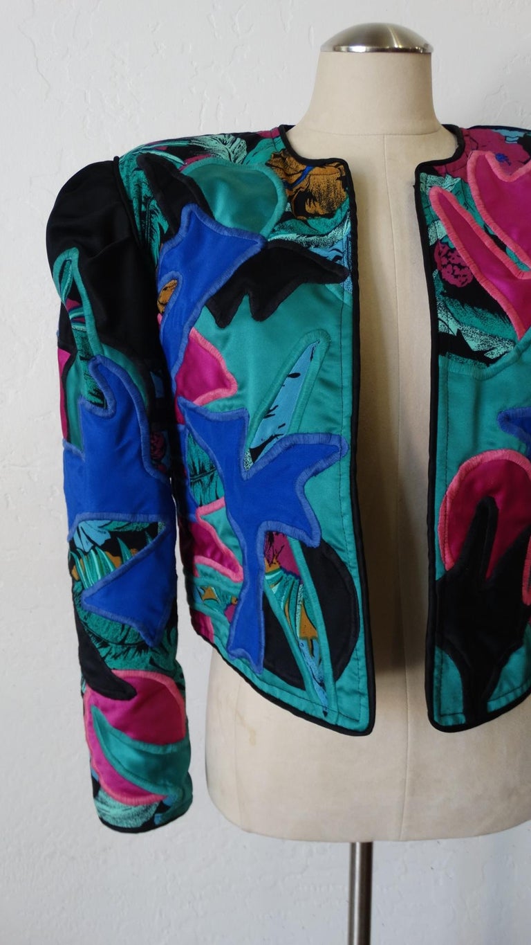 Judith Roberts 1980s Tropical Abstract Appliqué Patchwork Jacket For