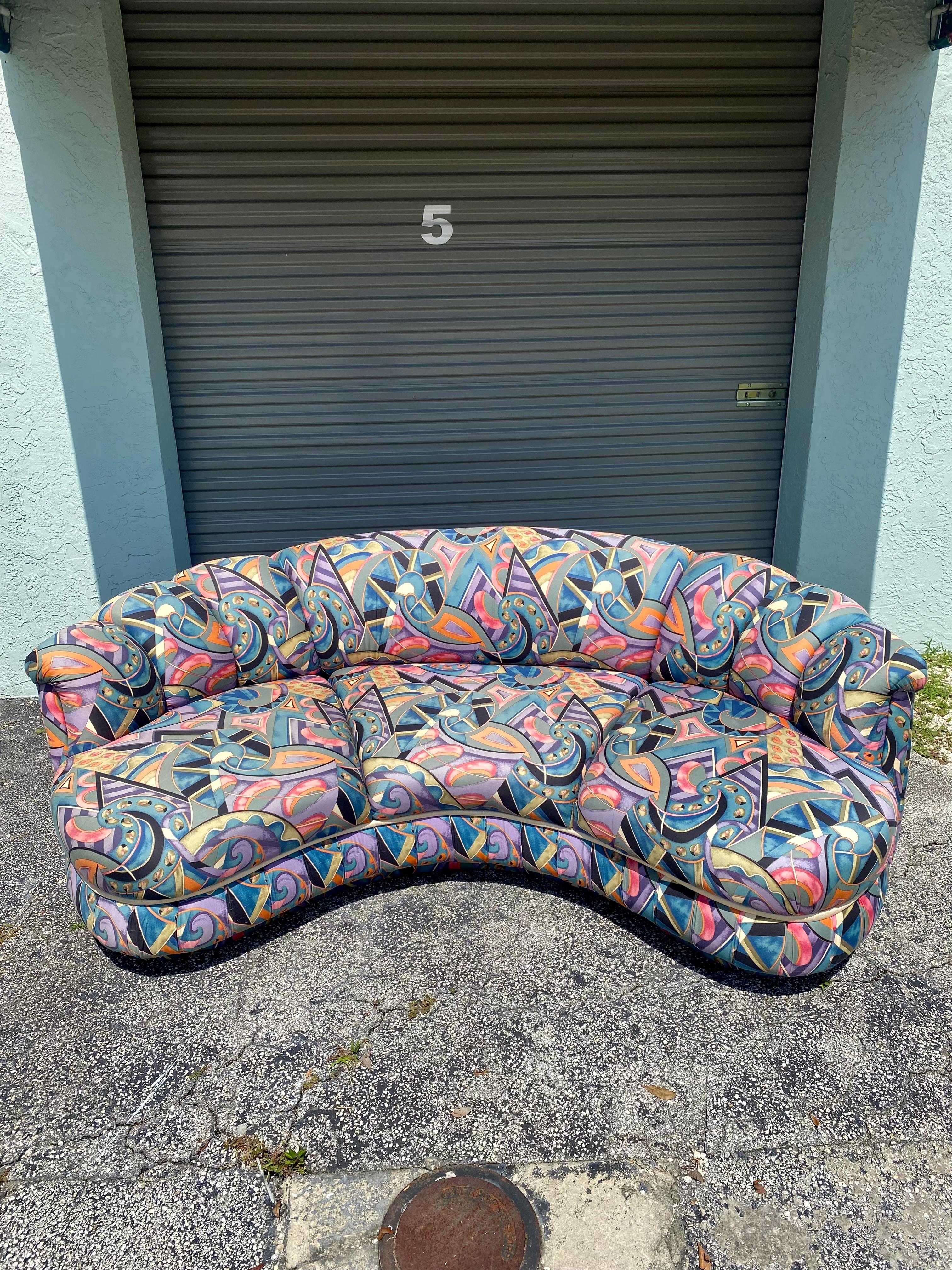 Post-Modern 1980s Weiman Pucci Style Curved Tufted Channel Biomorphic Kidney Sofa For Sale