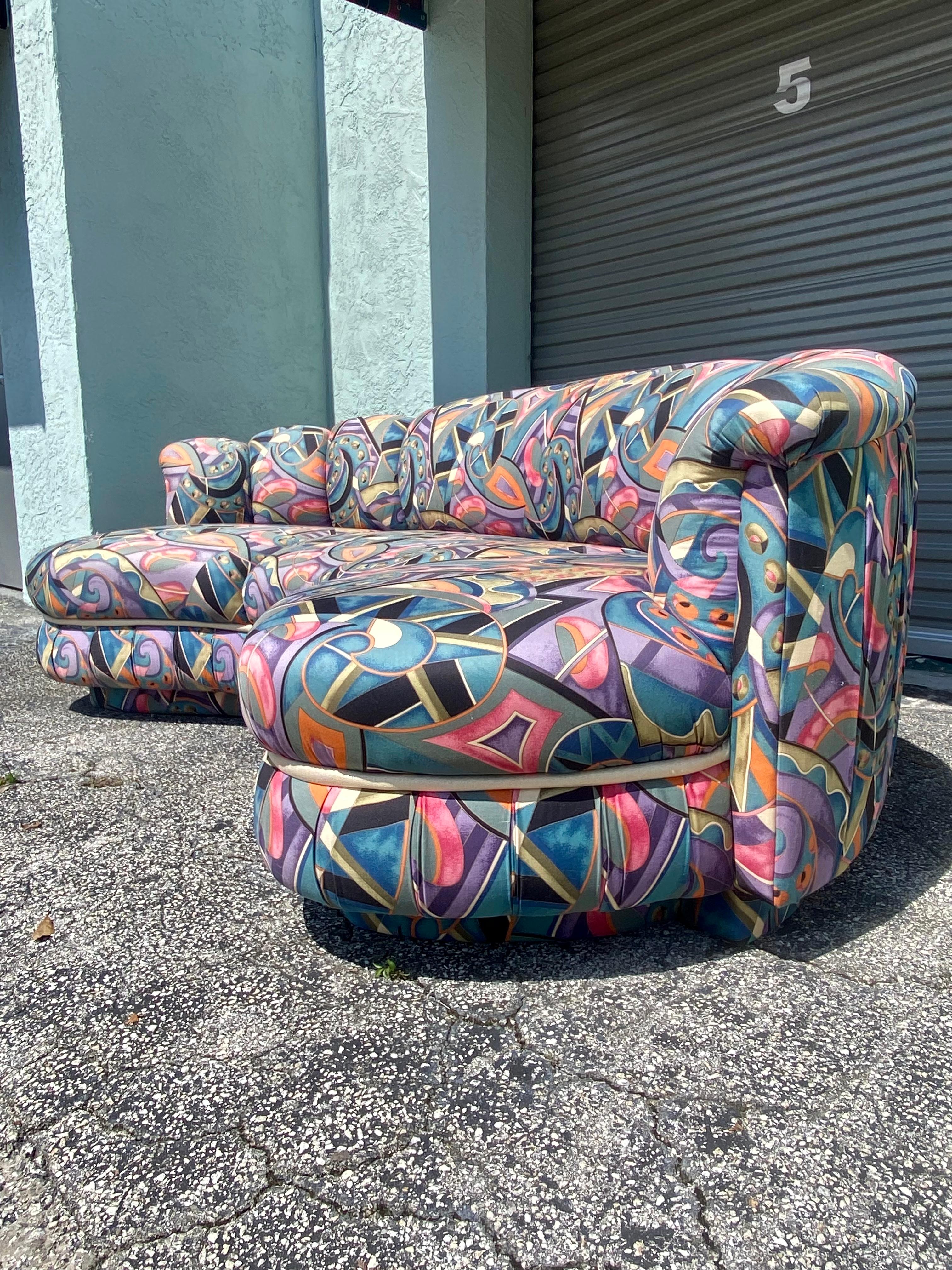 Late 20th Century 1980s Weiman Pucci Style Curved Tufted Channel Biomorphic Kidney Sofa For Sale