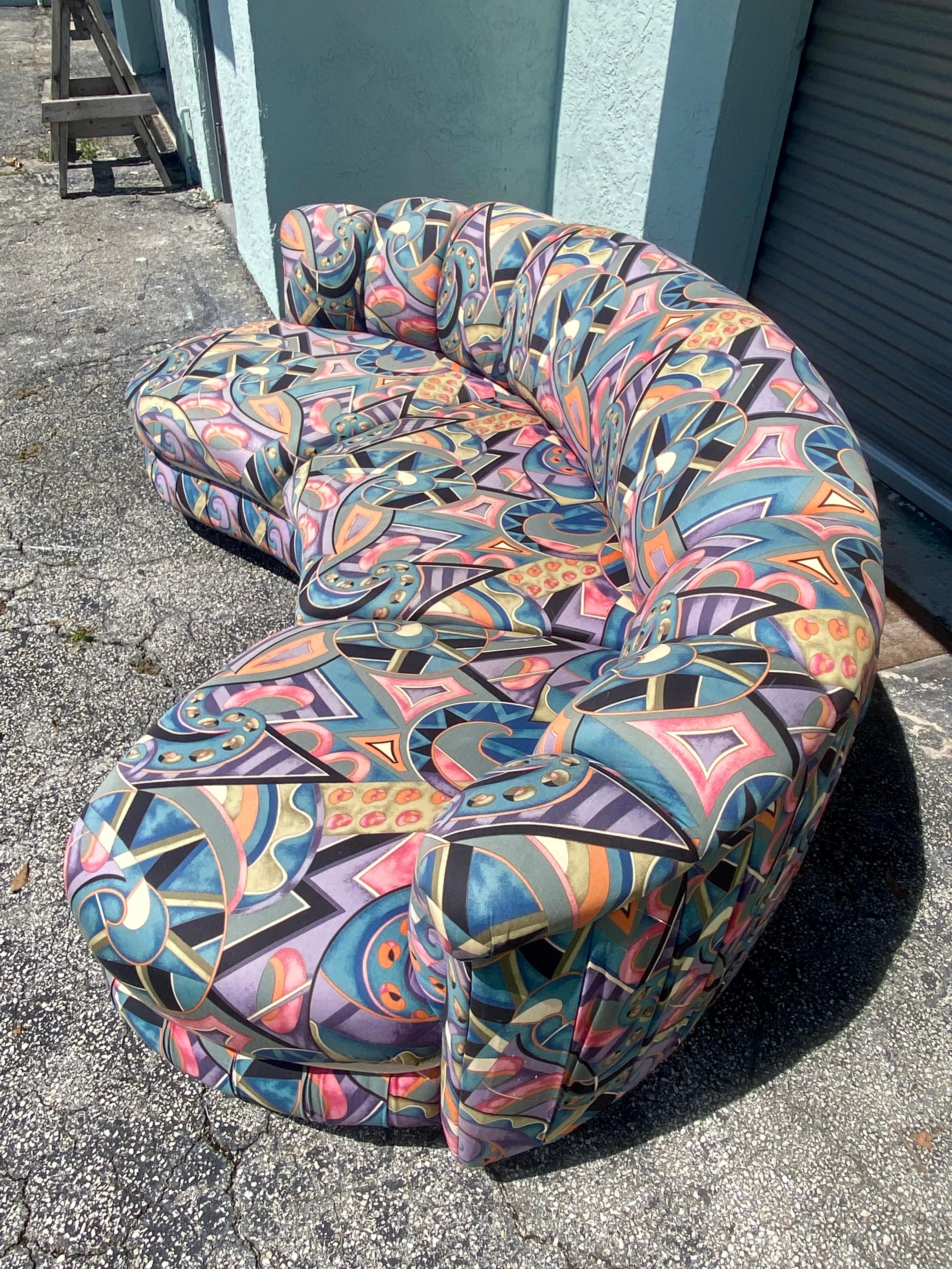 1980s Weiman Pucci Style Curved Tufted Channel Biomorphic Kidney Sofa For Sale 1