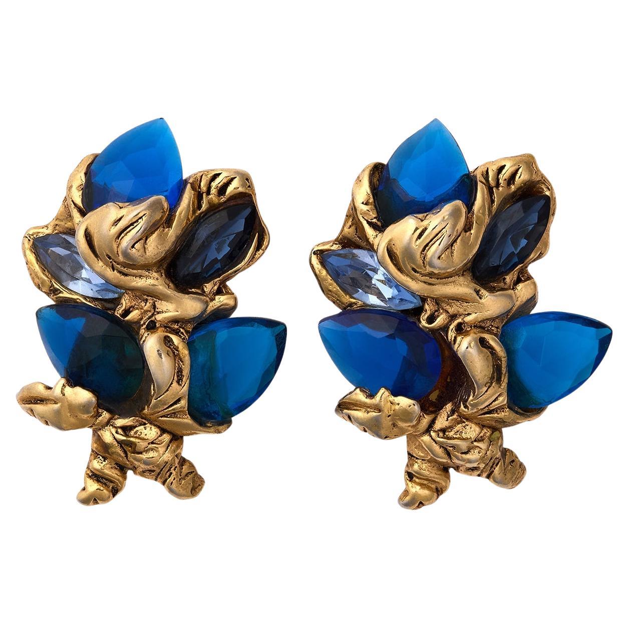 1980s Kalinger Gold and Blue Gemstone Clip On Earrings For Sale