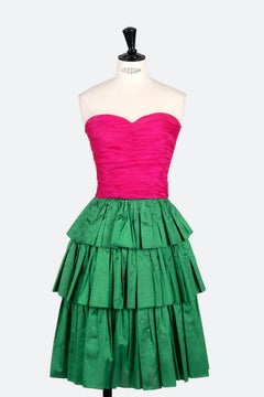 1980s Kamal Couture Pink & Green Silk Bustier & Skirt Dress Set with Wrap/Sash