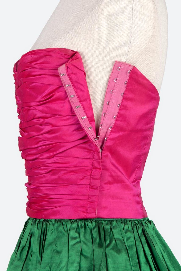 1980s Kamal Couture Pink & Green Silk Bustier & Skirt Dress Set With Wrap/sash