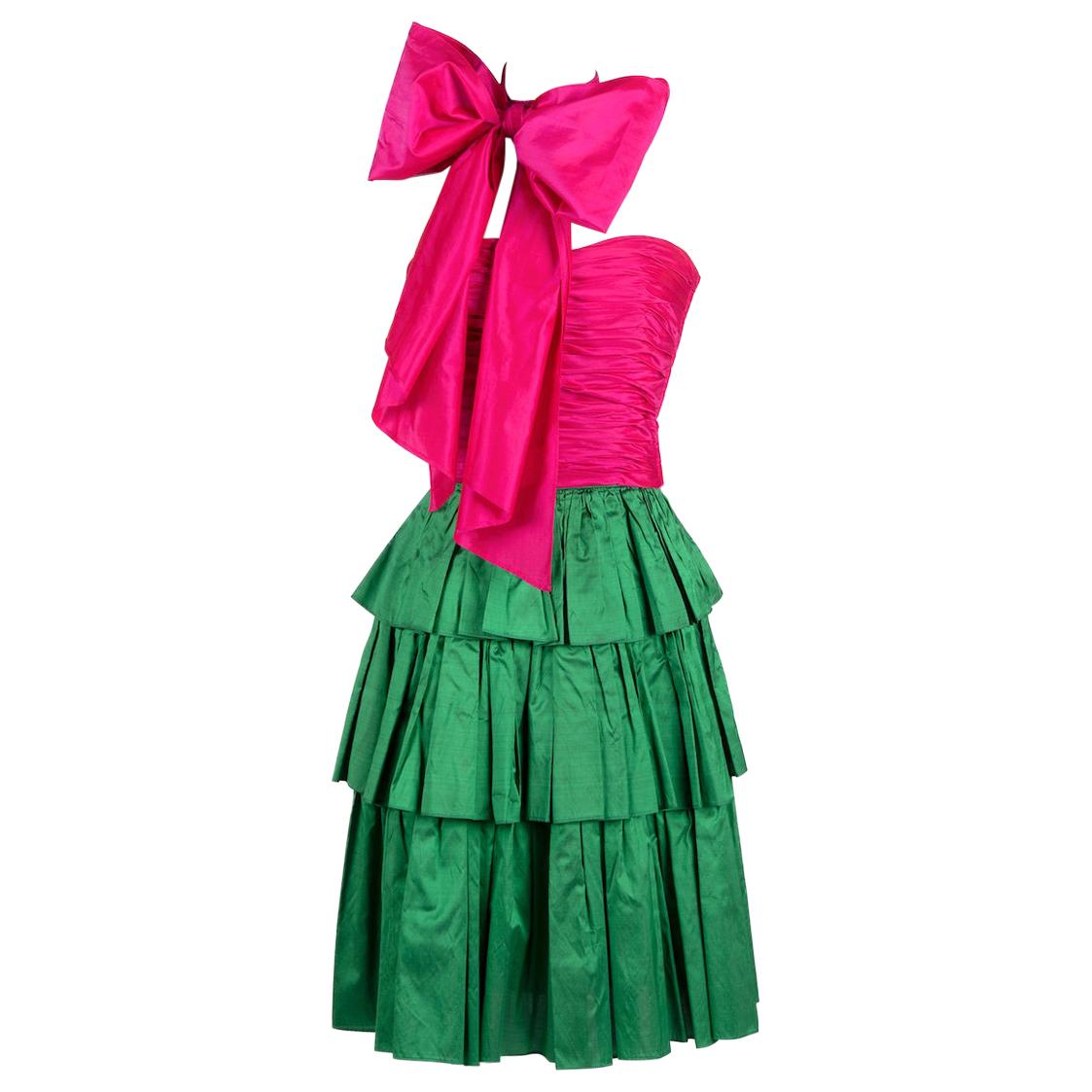 KAMAL Couture anni '80 - Bustier e gonna in seta rosa e verde con fascia e fusciacca