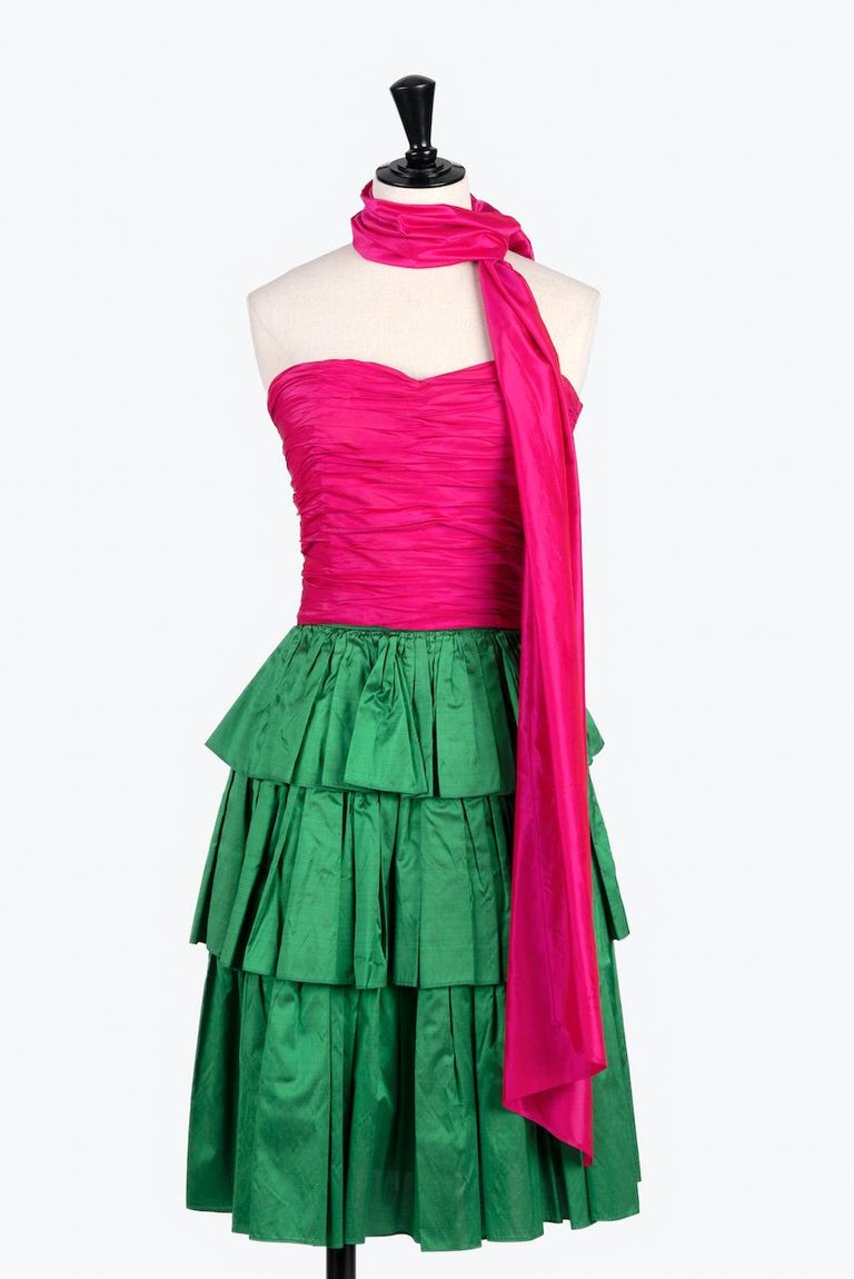 pink and green silk dress Draped Bardot Maxi Dress Green Hot Pink
