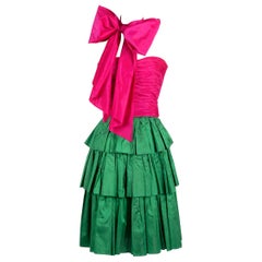 1980s Kamal Pink Silk Bustier & Green Silk Skirt Dress Set with Wrap/Sash