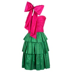 Vintage 1980s Kamal Pink Silk Bustier & Green Silk Skirt Dress Set with Wrap/Sash