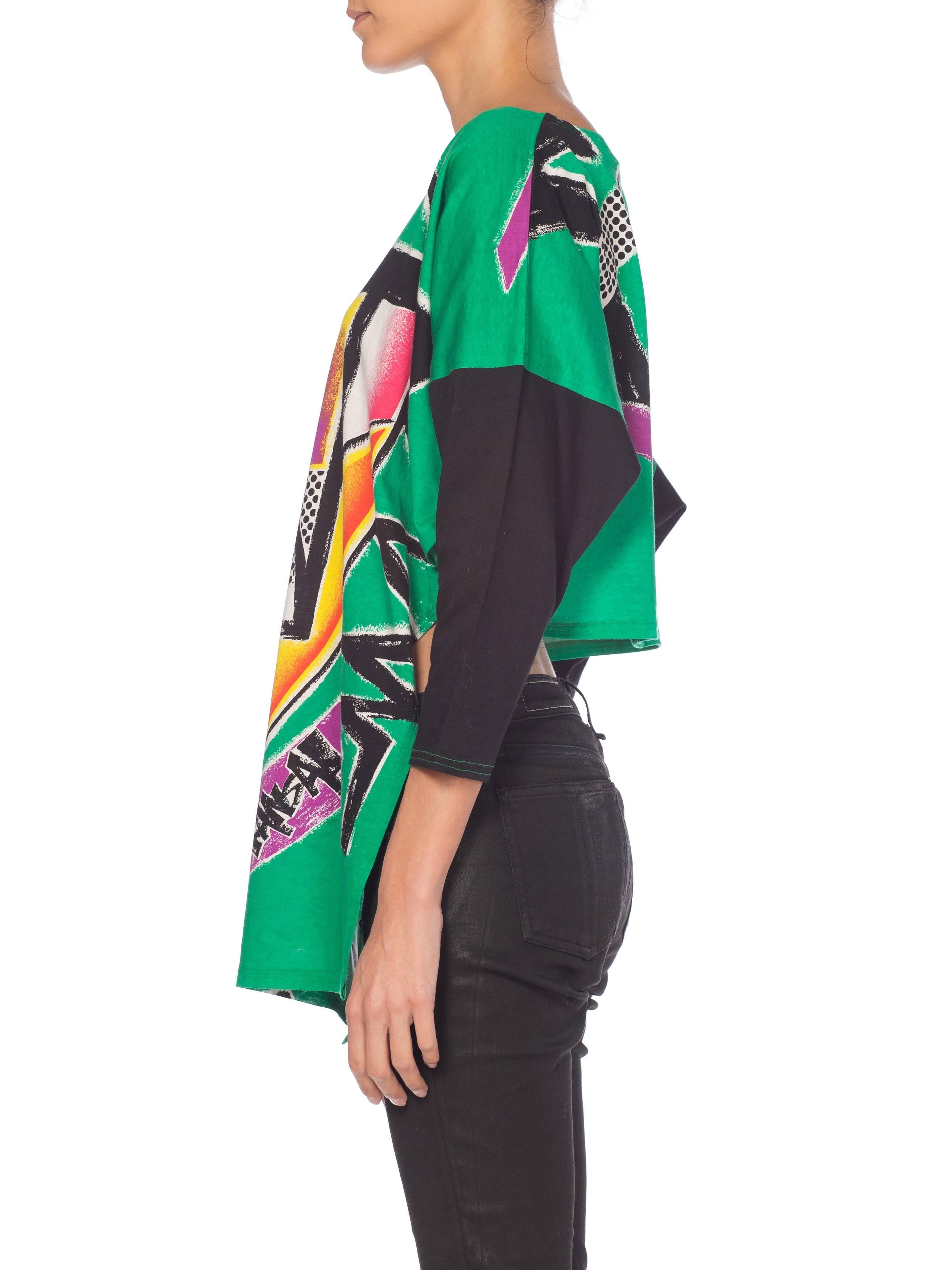 1980S KANSAI YAMAMOTO Green Asymmetrical Abstract Face Print Top With Cropped B 5