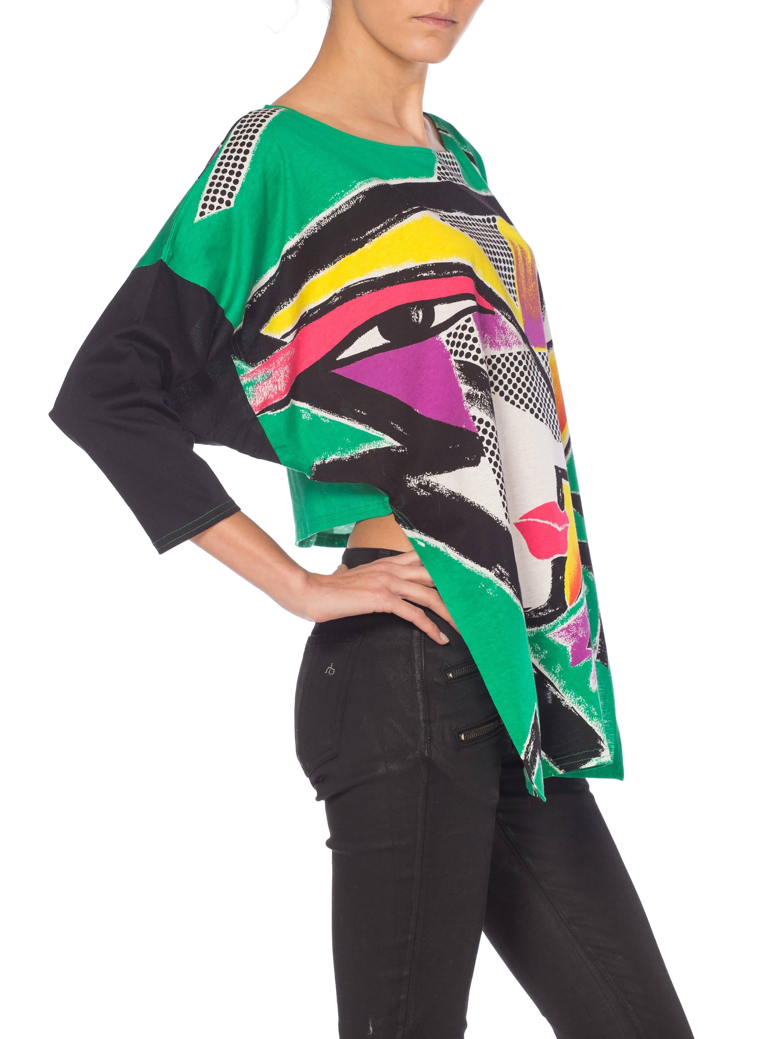 1980S KANSAI YAMAMOTO Green Asymmetrical Abstract Face Print Top With Cropped B 7