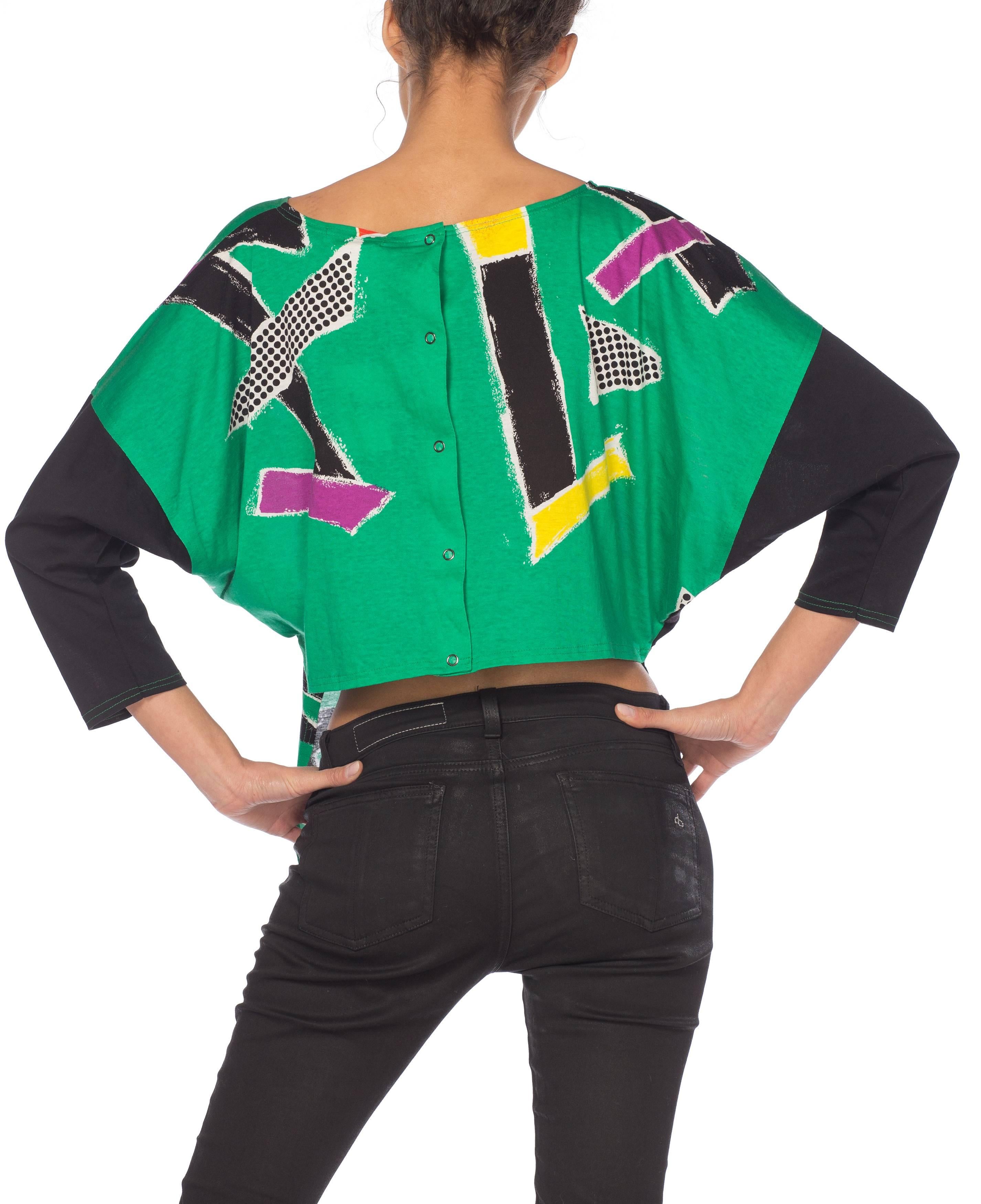1980S KANSAI YAMAMOTO Green Asymmetrical Abstract Face Print Top With Cropped B 8