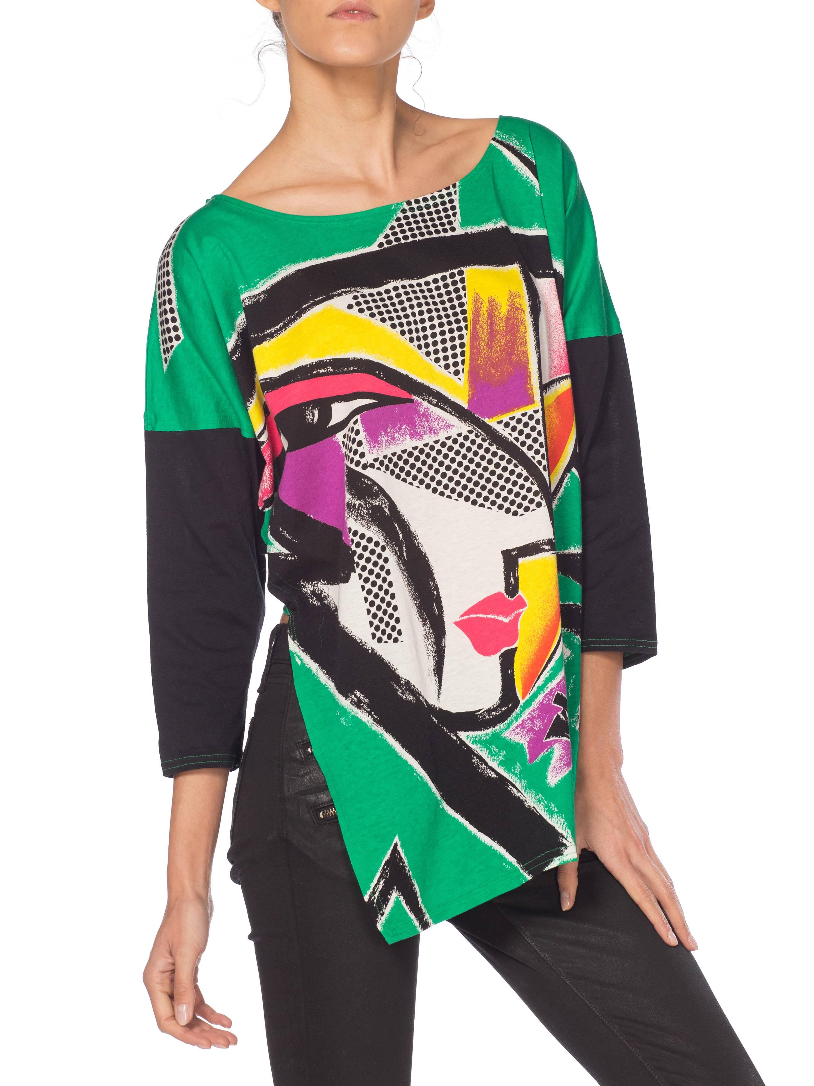1980S KANSAI YAMAMOTO Green Asymmetrical Abstract Face Print Top With Cropped B 9