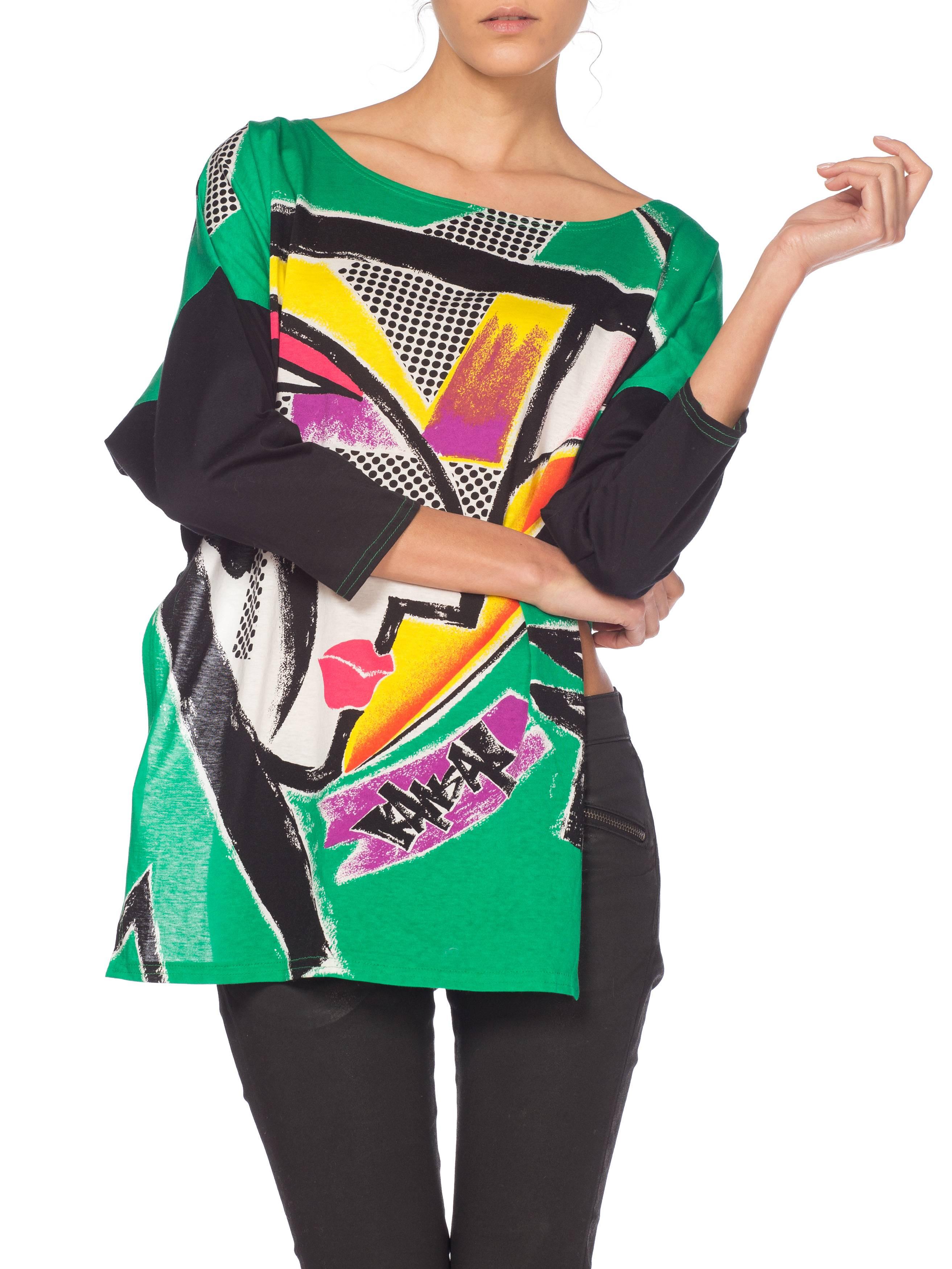 1980S KANSAI YAMAMOTO Green Asymmetrical Abstract Face Print Top With Cropped B 10
