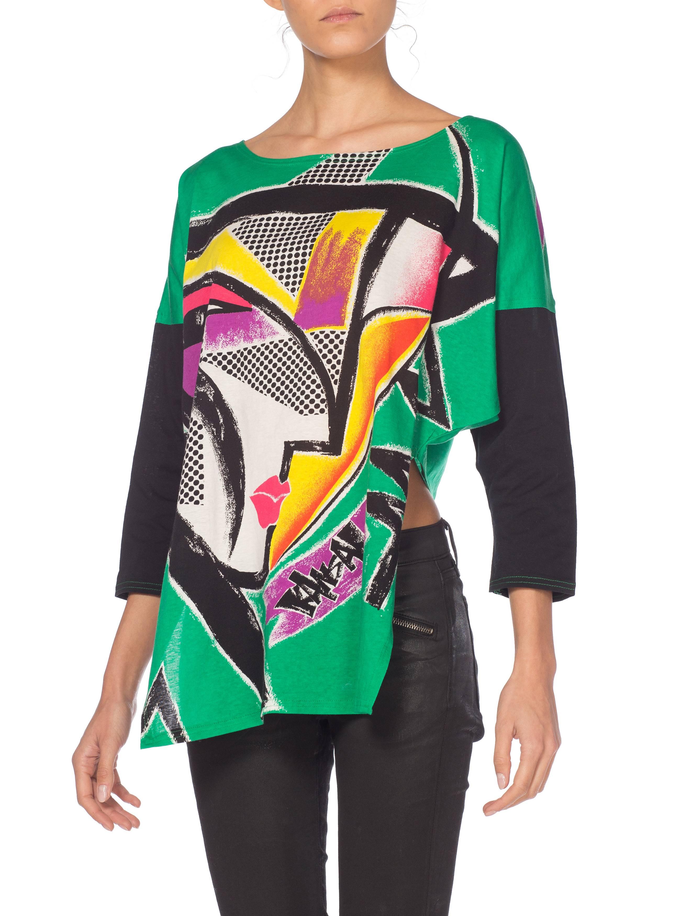 1980S KANSAI YAMAMOTO Green Asymmetrical Abstract Face Print Top With Cropped B 11