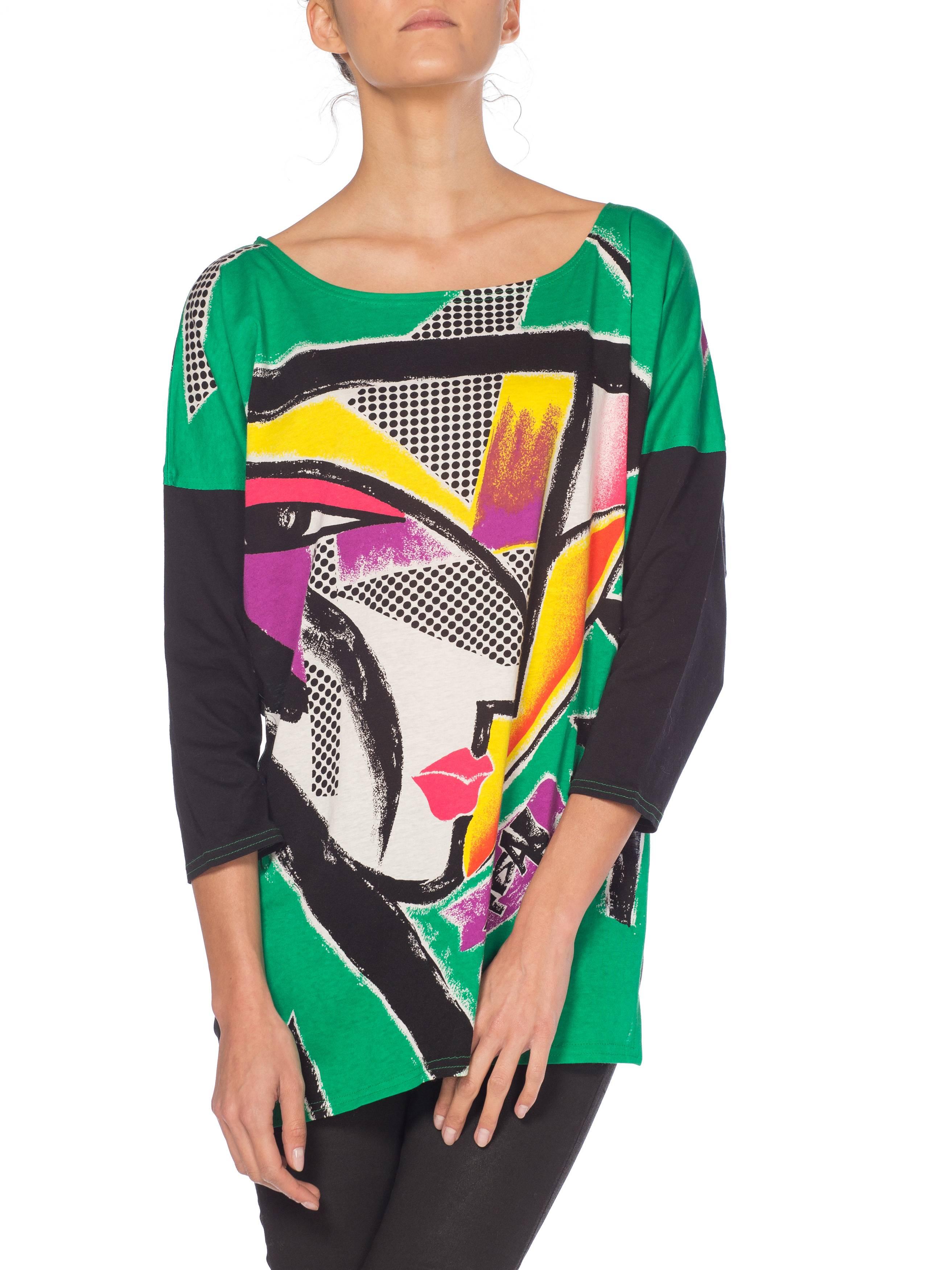 1980S KANSAI YAMAMOTO Green Asymmetrical Abstract Face Print Top With Cropped B In Excellent Condition In New York, NY