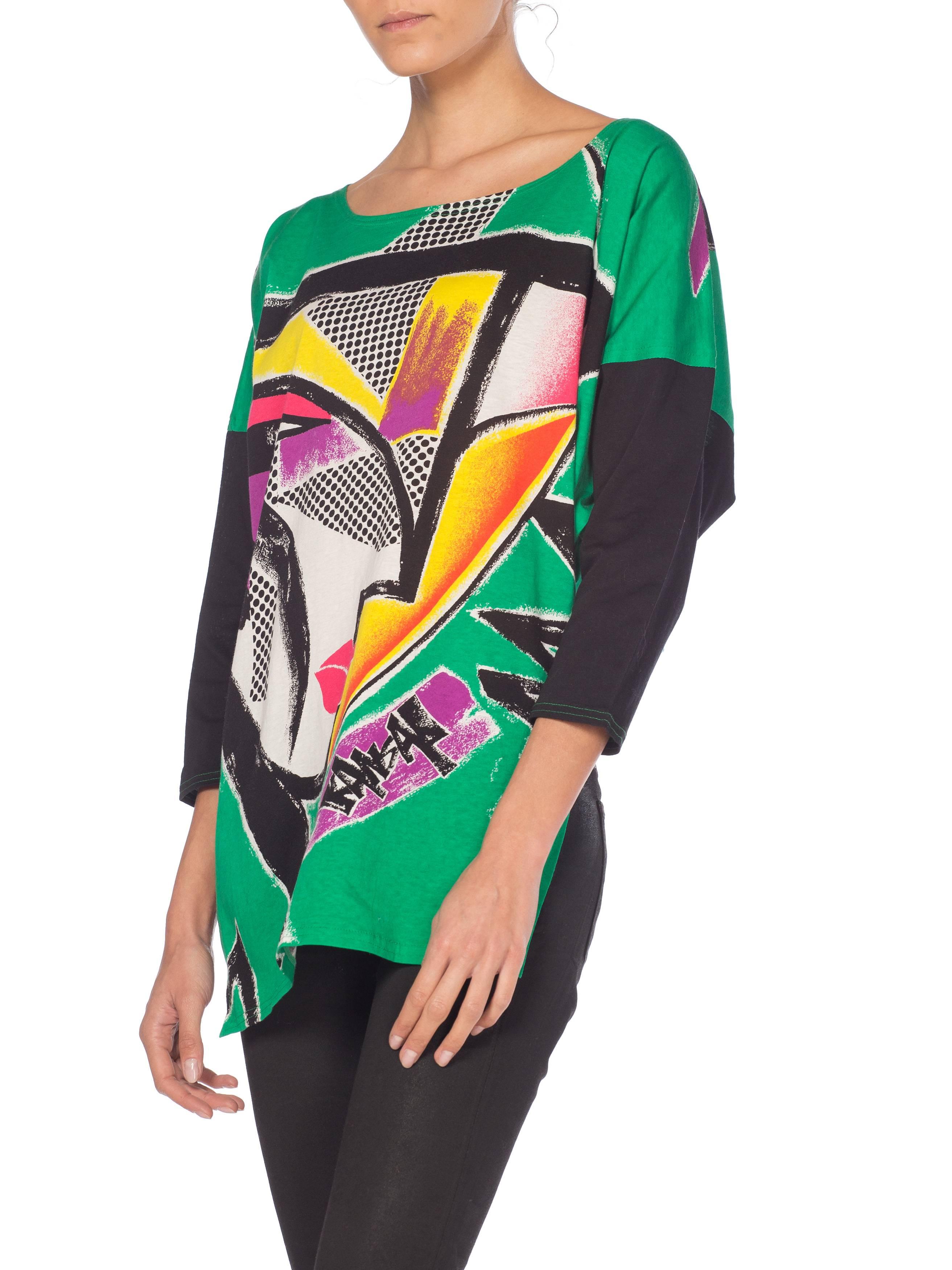 1980S KANSAI YAMAMOTO Green Asymmetrical Abstract Face Print Top With Cropped B 4