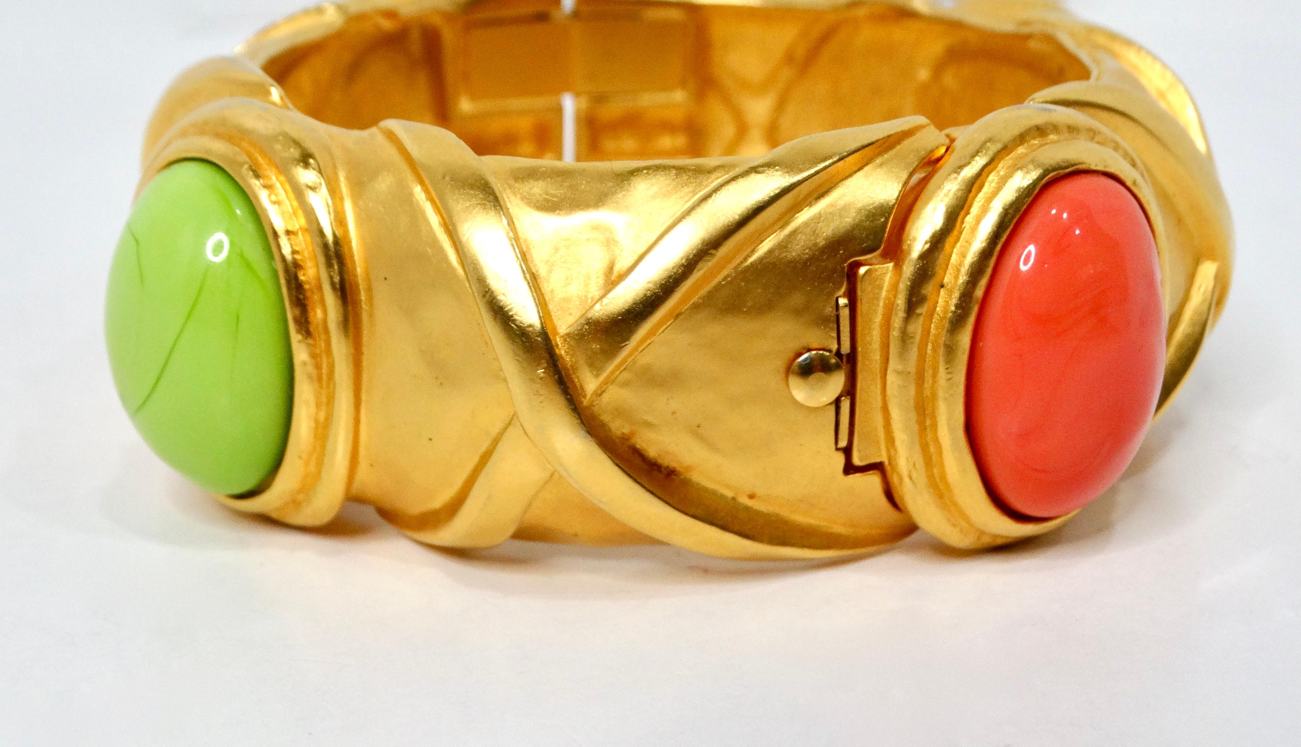 1980s Karl Lagerfeld 18k Gold Plated & Costume Stone Textured Cuff Bracelet In Good Condition For Sale In Scottsdale, AZ
