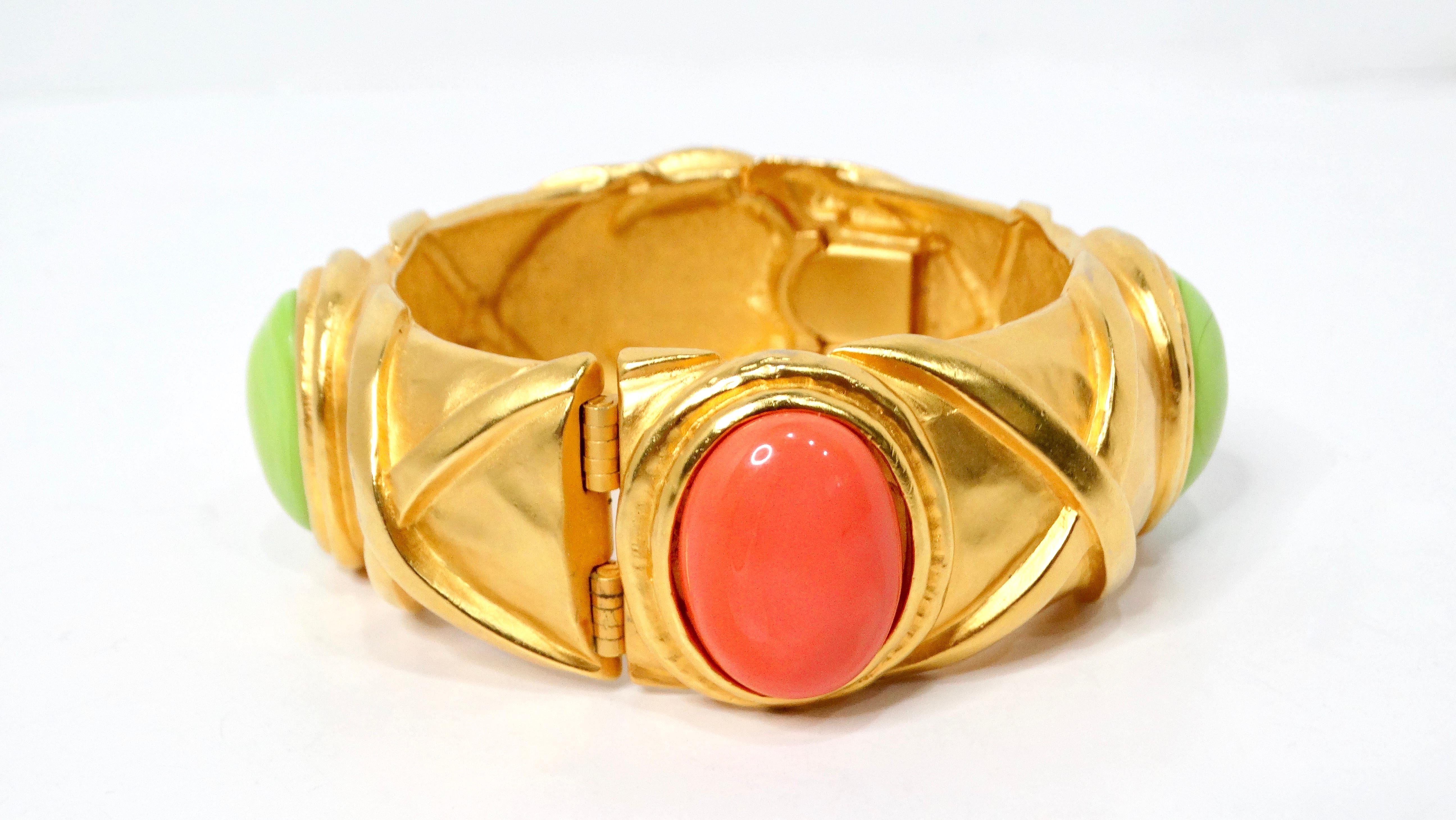 Women's 1980s Karl Lagerfeld 18k Gold Plated & Costume Stone Textured Cuff Bracelet For Sale