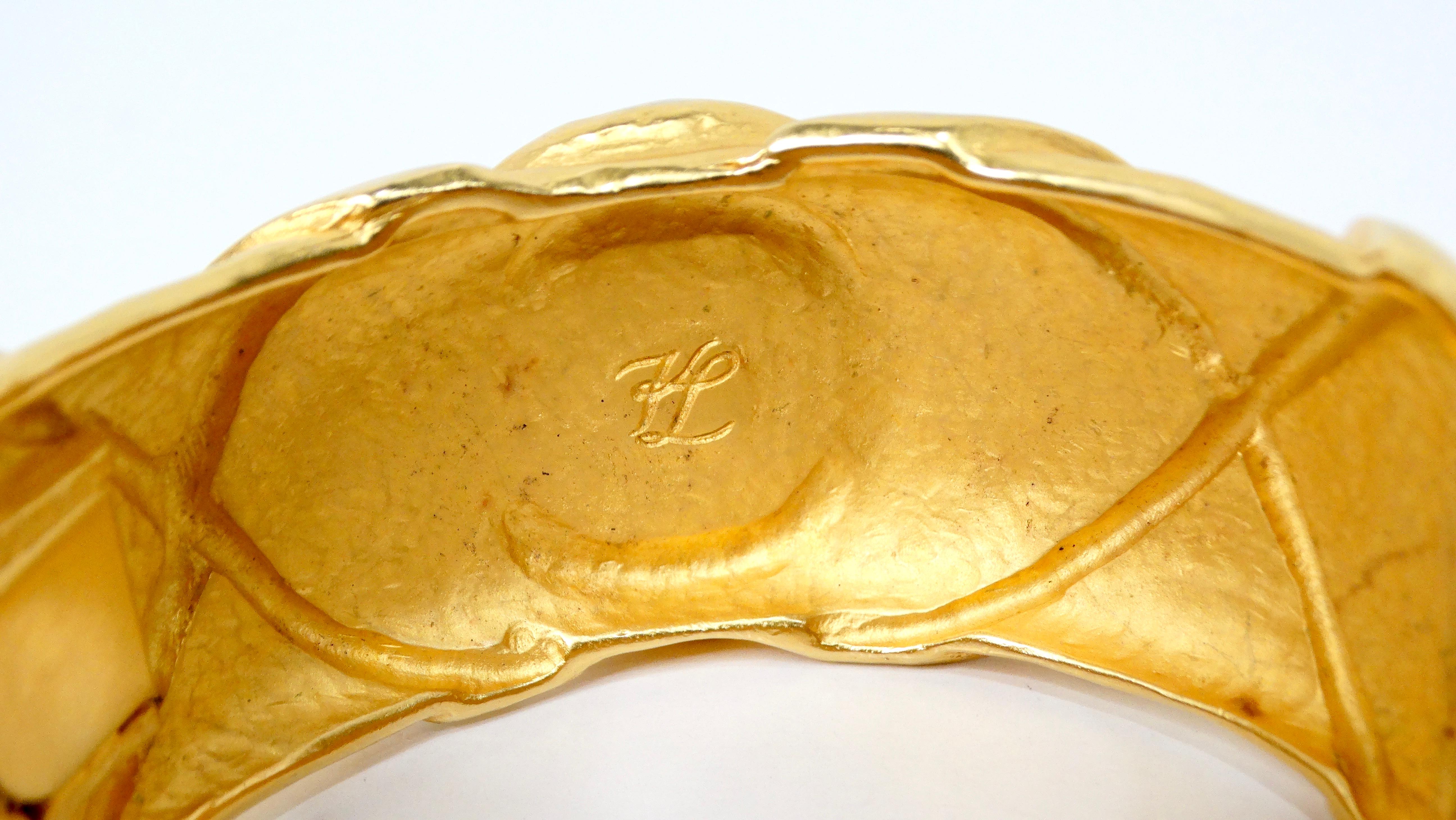 1980s Karl Lagerfeld 18k Gold Plated & Costume Stone Textured Cuff Bracelet For Sale 1