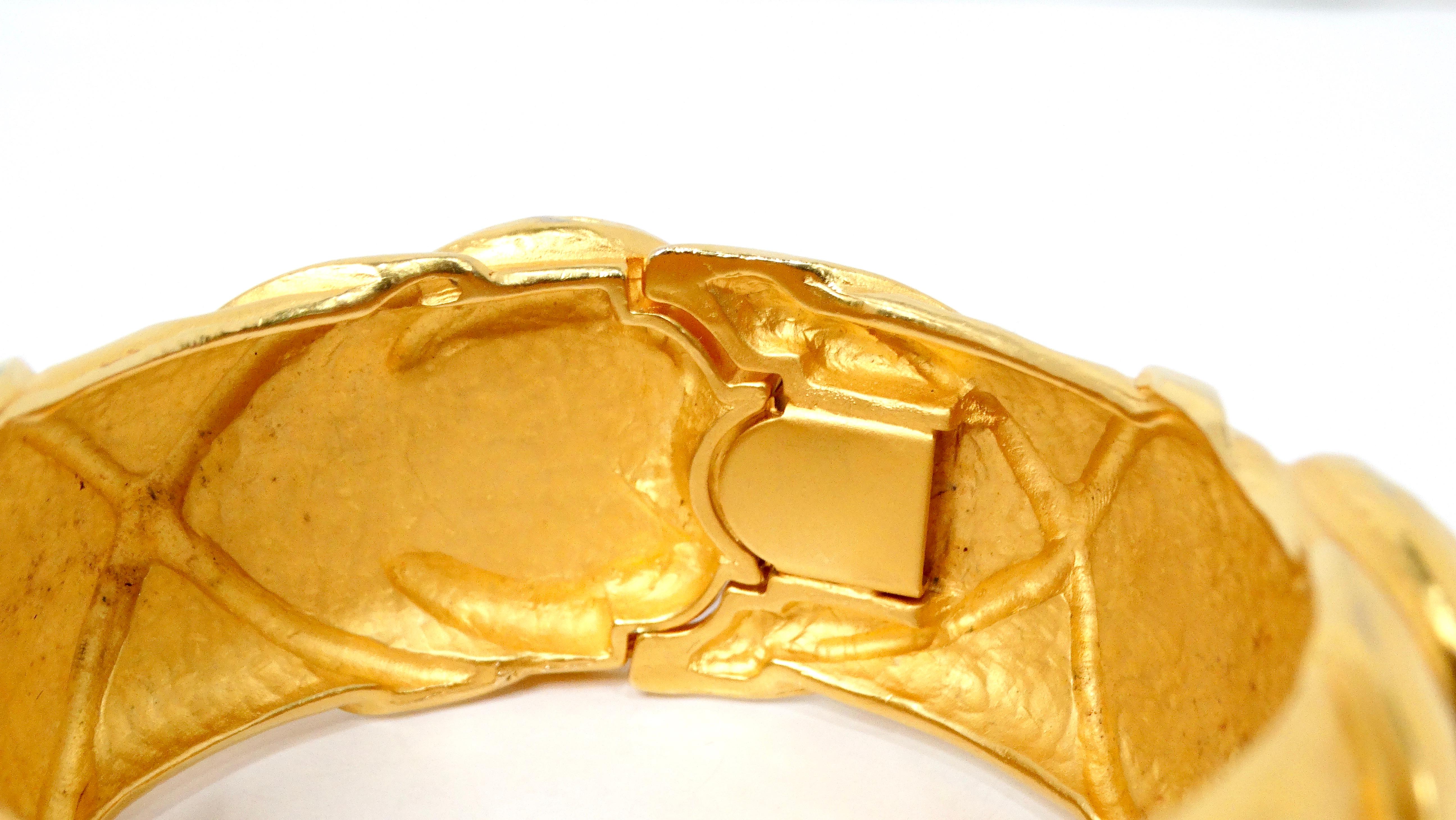 1980s Karl Lagerfeld 18k Gold Plated & Costume Stone Textured Cuff Bracelet For Sale 2