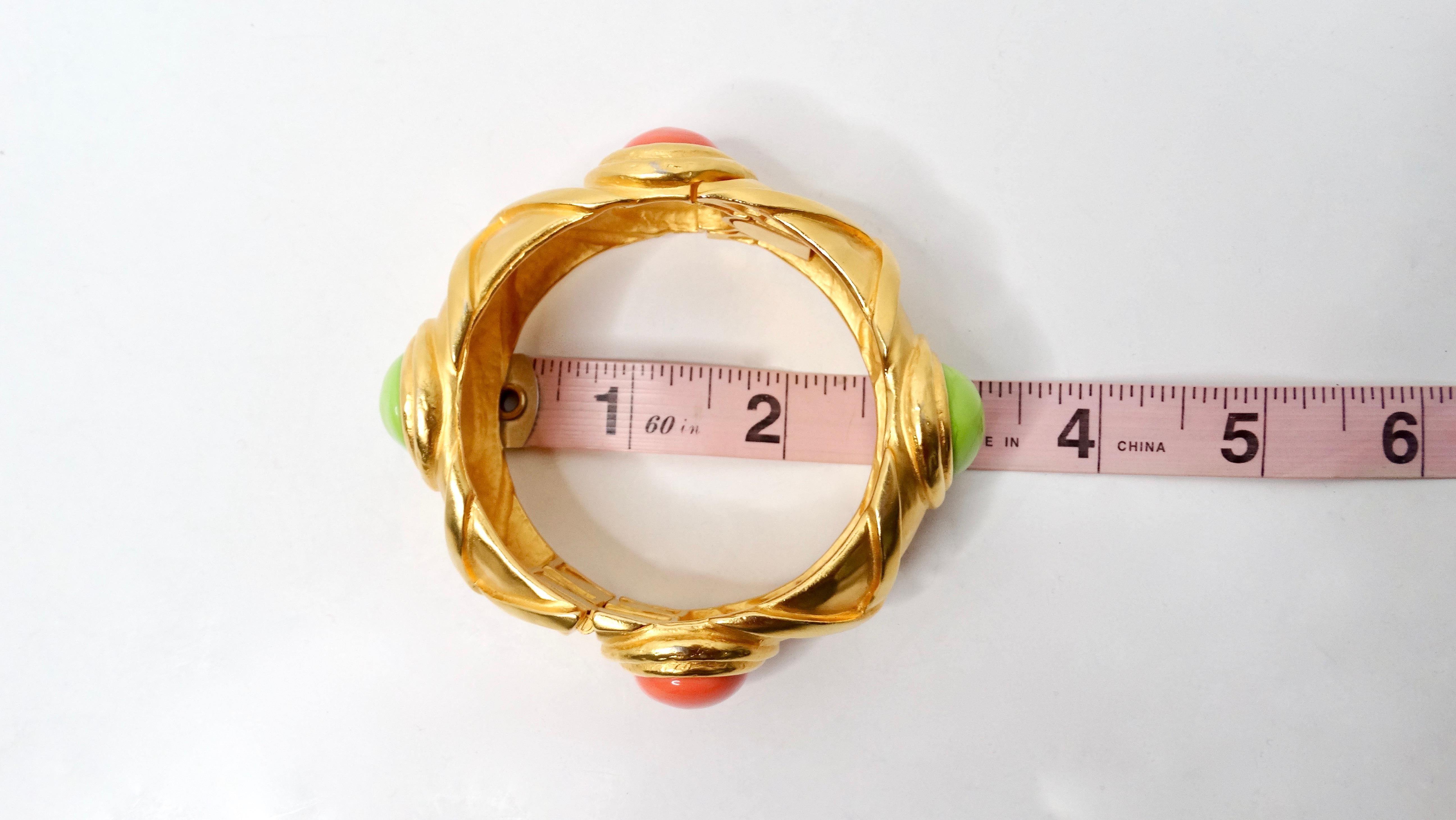 1980s Karl Lagerfeld 18k Gold Plated & Costume Stone Textured Cuff Bracelet For Sale 3