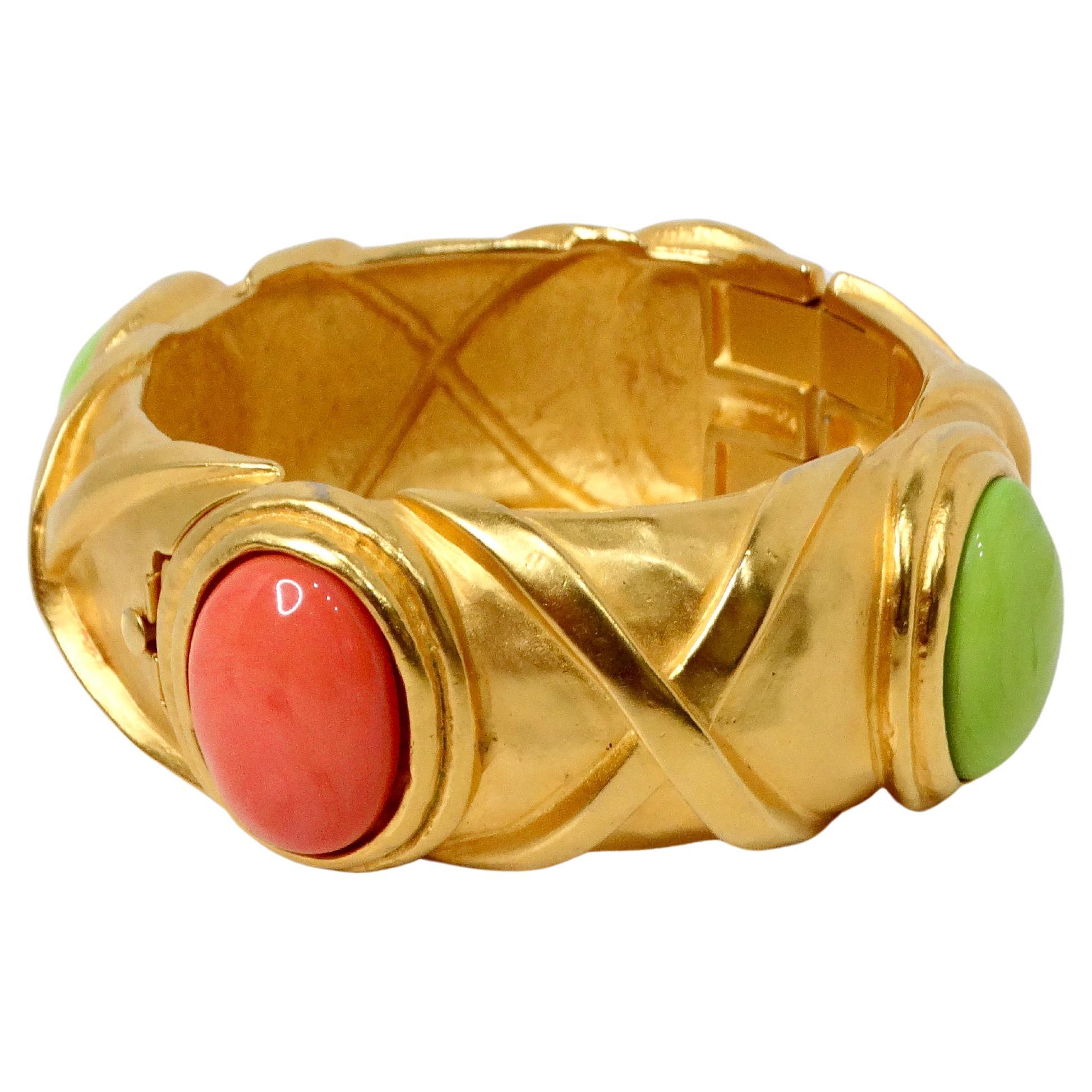 1980s Karl Lagerfeld 18k Gold Plated & Costume Stone Textured Cuff Bracelet