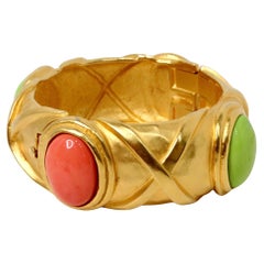 1980s Karl Lagerfeld 18k Gold Plated & Costume Stone Textured Cuff Bracelet