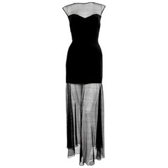 Schwarzes Kleid von KARL LAGERFELD aus den 1980er Jahren mit durchsichtigem Ausschnitt und Saum
